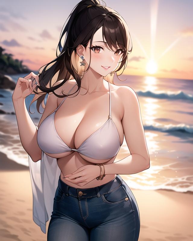 1girls ai_generated ai_mirror beach blush bracelet brown_eyes brown_hair dusk earrings hand_holding_hair jeans long_hair looking_at_viewer medium_breasts nipple_bulge ponytail sand sea seaside shirt_on_arm smile sunset wave white_bra white_shirt white_skin