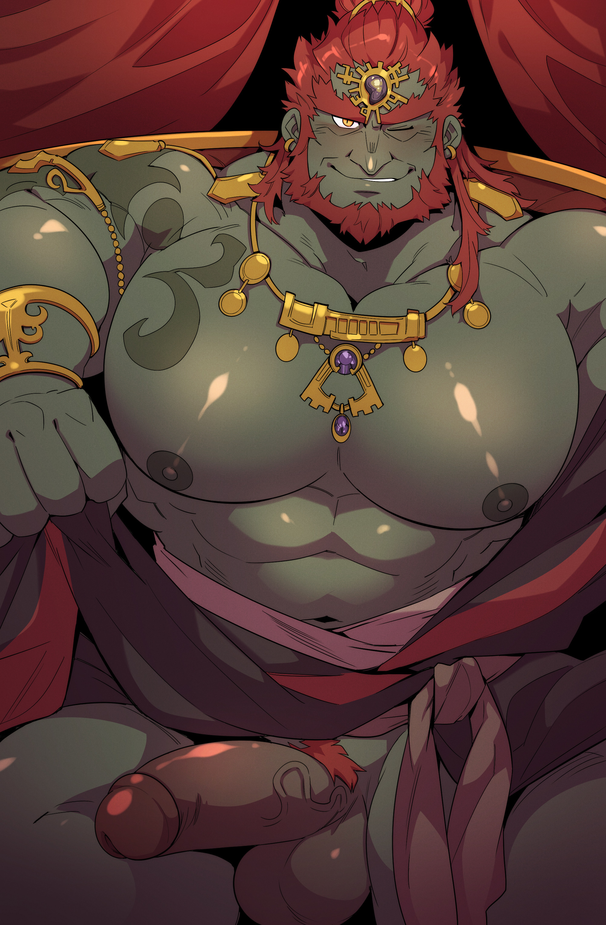 1boy, abs, balls, bara, beard, biceps, big balls, big penis, blush, boner, clothing, erection, facial hair, ganondorf, ganondorf (tears of the kingdom), gay, green skin, hairy, half-erect, hi res, highres, looking at viewer, male, male focus, male only, male pubic hair, muscles, muscular, muscular arms, muscular male, nintendo, nipples, penis, pubic hair, solo, solo male, taking clothes off, tears of the kingdom, the legend of zelda, vein, veiny penis, yaoi