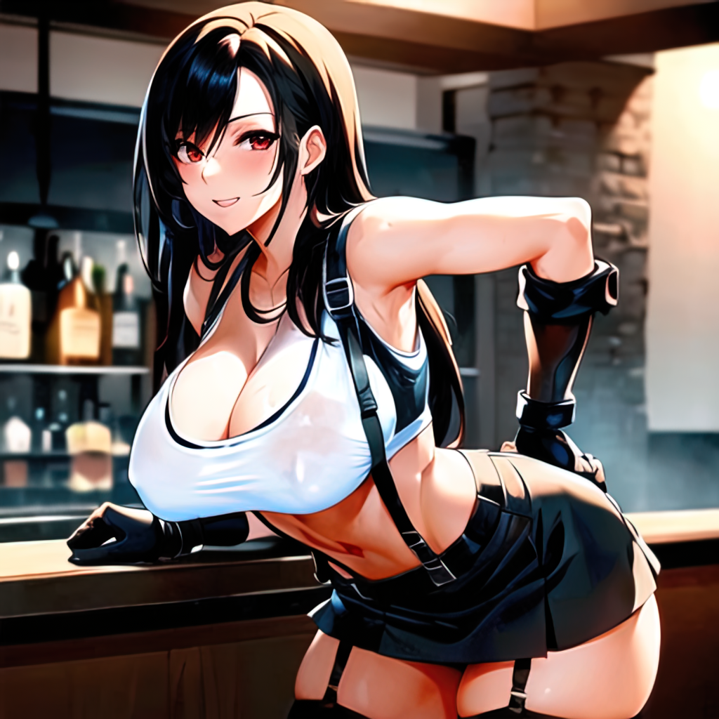 1girls ai_generated arm_on_table arm_support bar bent_over big_breasts black_gloves black_skirt black_thigh_highs black_thighhighs black_trim bottles brown_hair cleavage clothed clothed_female cowboy_shot down_blouse downblouse elbow_gloves female female_focus female_only female_solo final_fantasy final_fantasy_vii final_fantasy_vii_remake garter_straps garters gloves hand_on_hip human human_only indoors large_breasts light-skinned_female light_skin long_hair looking_at_viewer midriff miniskirt nemus_waifu_generator open_mouth open_mouth_smile pencil_skirt red_eyes see-through see-through_clothing see-through_top shelf skindentation skirt sleeveless solo solo_female square_enix stable_diffusion standing straight_hair suspender_skirt suspenders table tank_top thighhighs tifa_lockhart wet wet_clothing wet_tank_top white_tank_top zettai_ryouiki