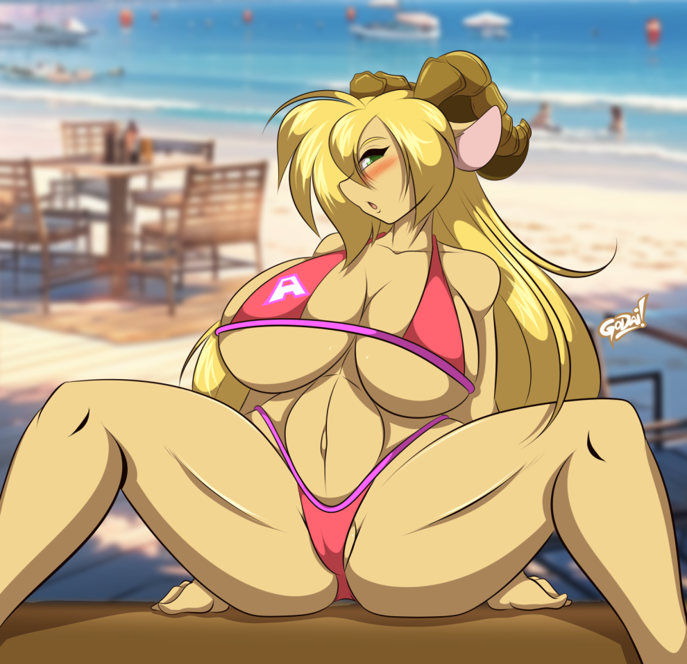 1girls 2023 amanda_(mastergodai) anthro bikini blonde_hair blush breasts cameltoe cleavage female female_only furry goat huge_breasts long_hair looking_at_viewer mastergodai rascals solo spread_legs tan_fur thick_thighs wide_hips