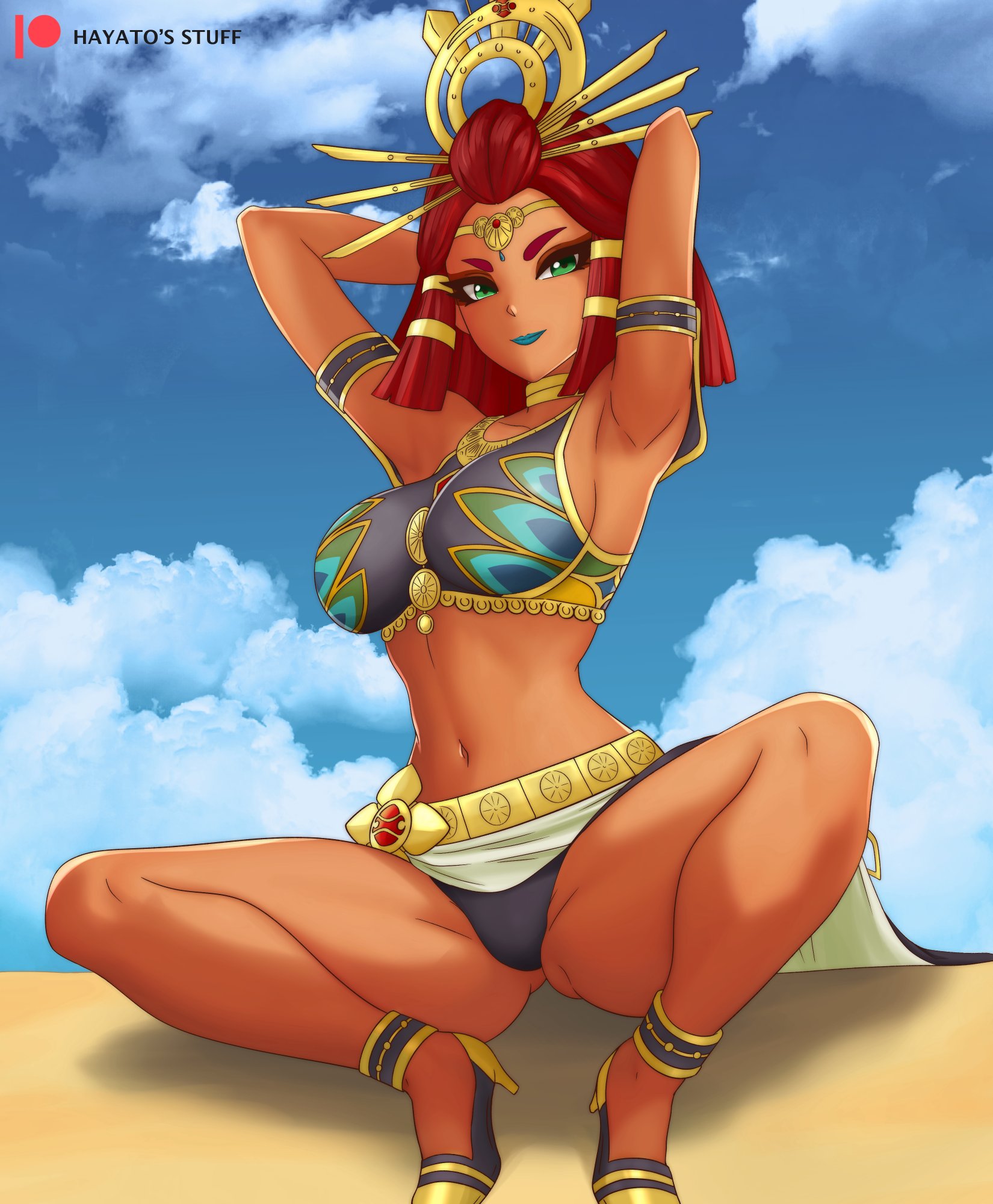 1girls, 2023, armpits, arms behind head, ass visible through thighs, dark skin, dark-skinned female, female, female only, gerudo, hayato stuff, nintendo, riju, tears of the kingdom, the legend of zelda, thick thighs, wide hips