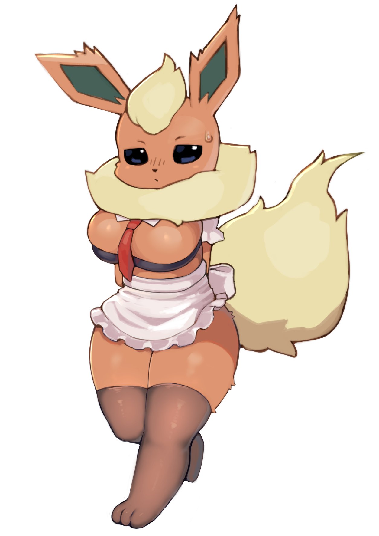 1girls 2023 big_breasts black_eyes breasts eeveelution female female_only flareon fluffy_tail furry furry_only generation_1_pokemon hands_behind_back maid maid_uniform neck_fluff orange_body orange_fur paws pokémon_(species) pokemon pokemon_(species) pokemon_rgby simple_background solo solo_female solo_focus stockings tail tenyati thick thick_ass thick_thighs tie yellow_fur yellow_hair