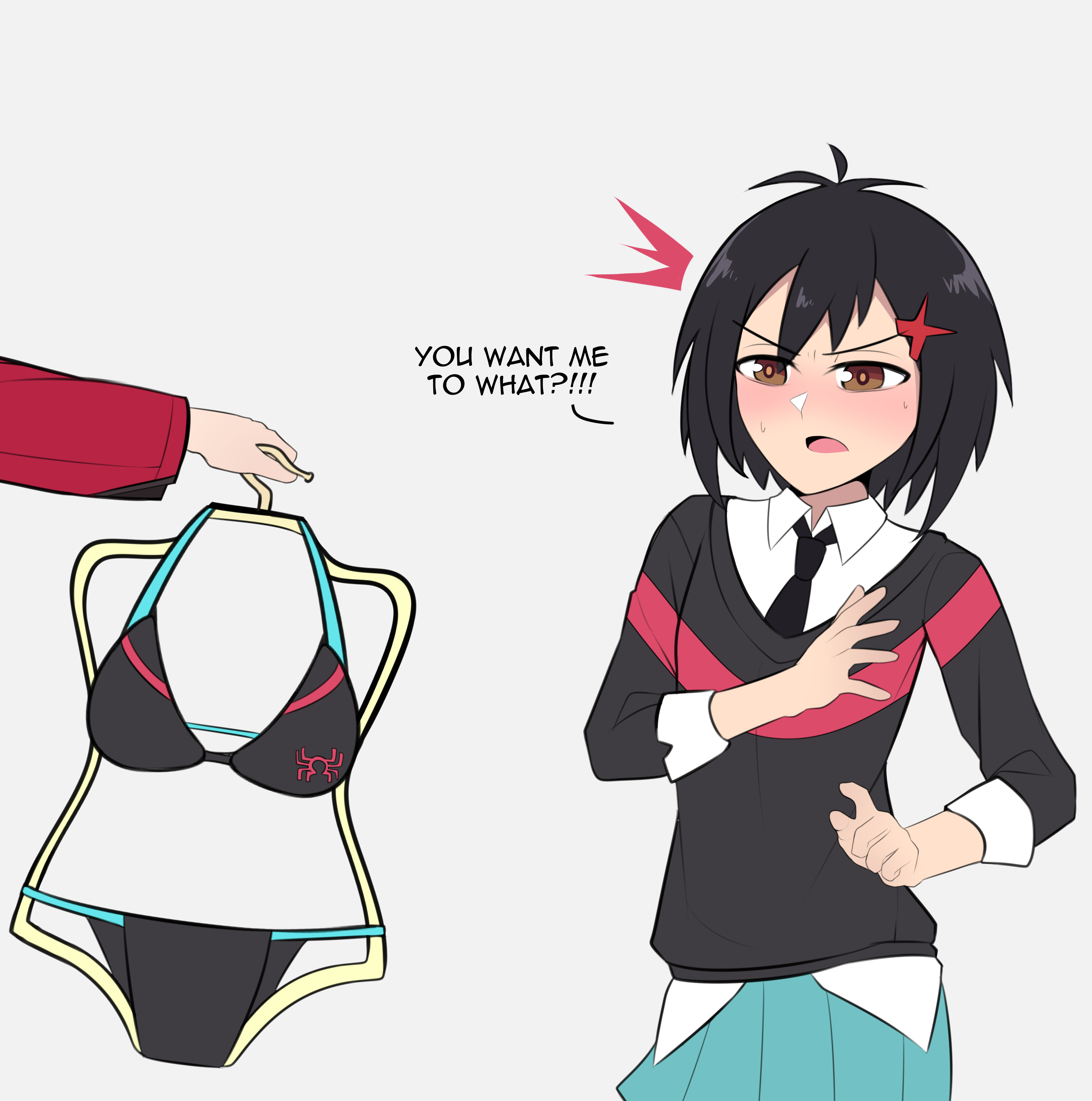1girls, aged up, angry, annoyed, bikini, clothed, embarrassed, female, fully clothed, girls reacting to bikini (meme), looking at object, marvel, marvel comics, offscreen character, peni parker, simple background, spider-man (series)