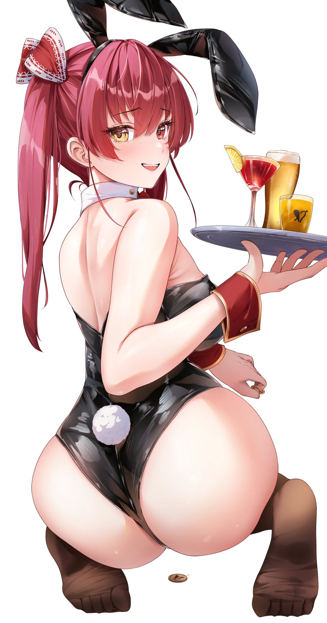 :d bunny_ears bunny_girl bunny_tail bunnysuit coin drinks hololive hololive_fantasy hololive_japan houshou_marine huge_ass huge_breasts rear_view smug tray virtual_youtuber