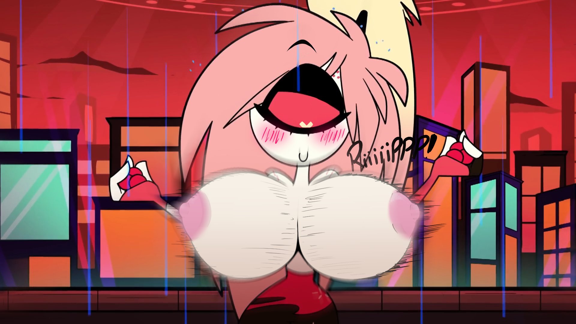 1girls, 2023, big breasts, blush, breast expansion, breast growth, breast growth (enlargement), breasts, cherri bomb, cityscape, expansion, explosives, eyebrows visible through hair, female, hazbin hotel, long hair, mrmelted, raining, ripped clothing, screenshot edit, smile, vivienne medrano, vivziepop