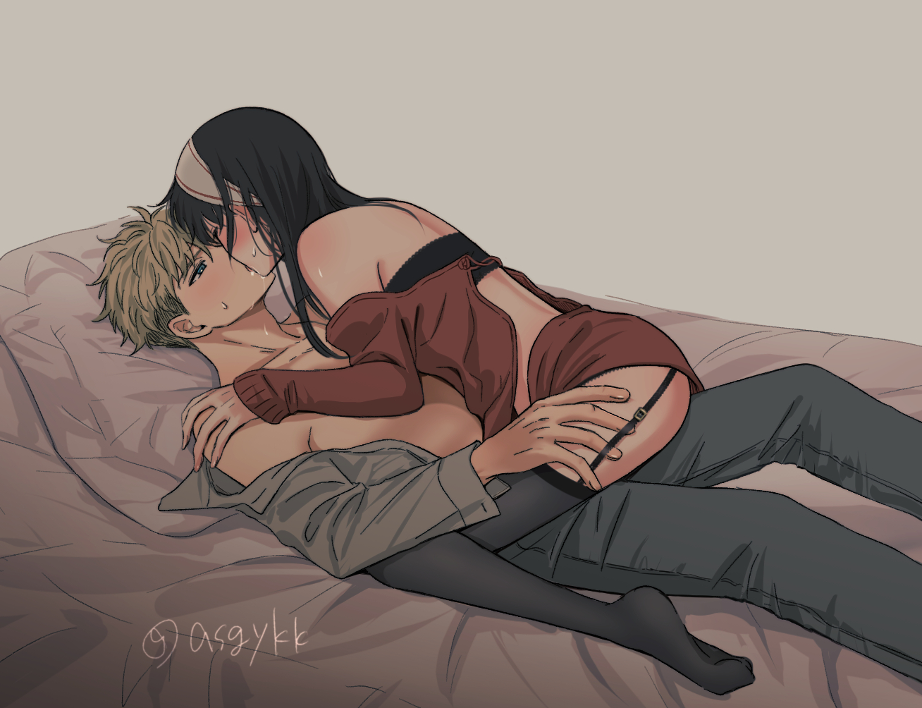 1boy, 1girls, aroused, asgykk, cowgirl position, cuddling, female, female on top, happy, kissing, loid forger, love, lying, male, no sex, passionate, pillow, sex, sitting on lap, spy x family, underwear, wholesome, yor briar, yor forger