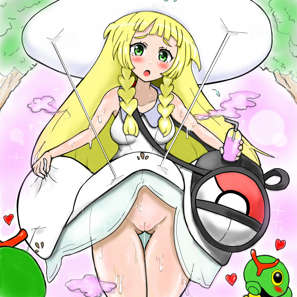 1girls aphrodisiac assisted_exposure bag bamboo_top blush breasts caterpie caterpillar cum cum_on_body drawn dress dress_lift drink drugged exposed_pussy female female_focus female_only front_view hair hat heart larva lillie_(pokemon) looking_at_viewer no_panties pokémon_(species) pokemon pussy pussy_juice pussy_juice_drip sweat tears thick_thighs tree