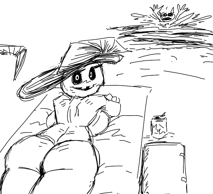 1boy1girl beach beach_background beach_towel bikini character_request drowning female female_focus ghastlybum greatalmightyjj ice_cream looking_at_viewer looking_back oc original_character pumpkin_head sad scared_bum smile tagme tagme_(character) witch_hat