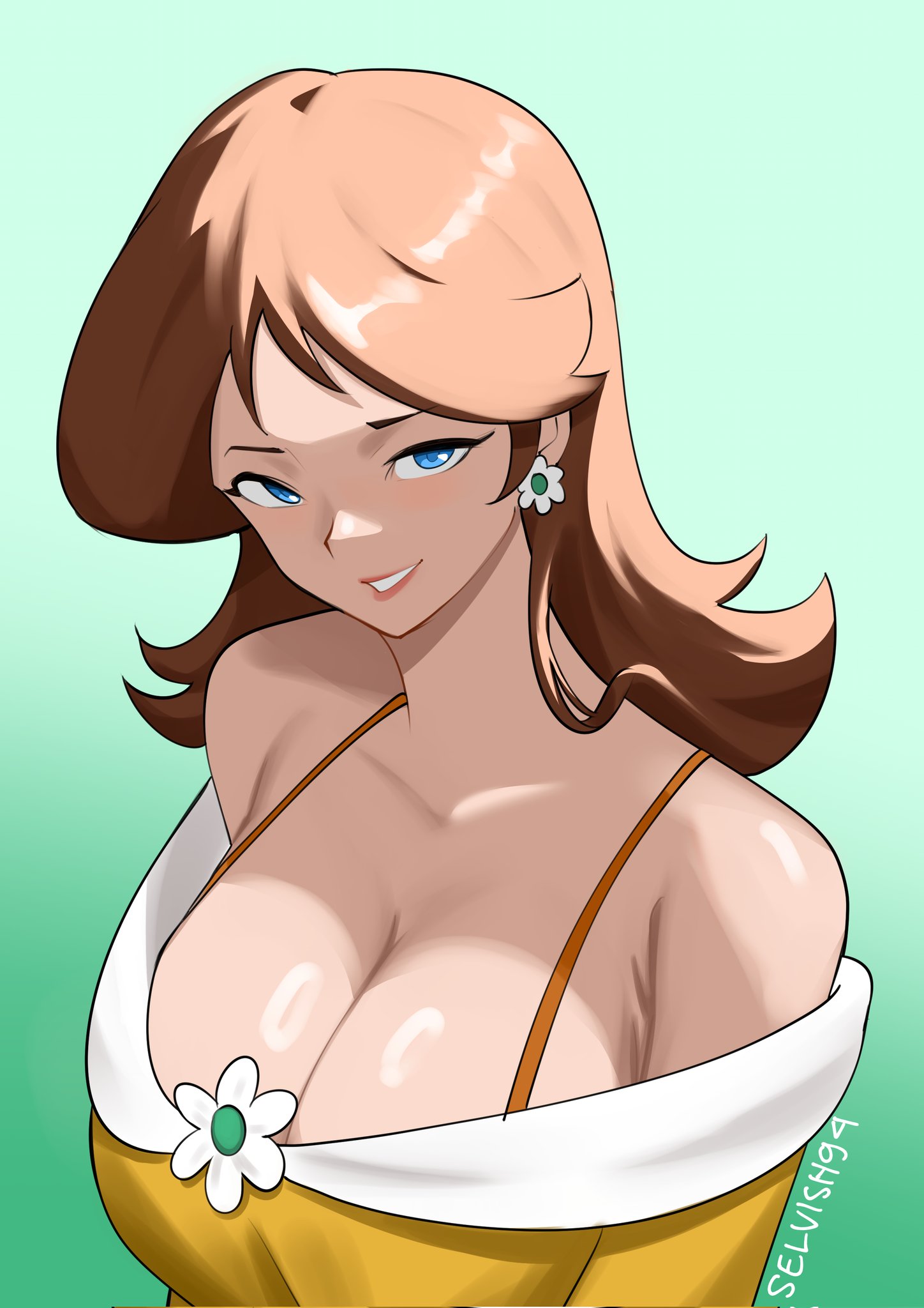 1girls, artist name, bare shoulders, blue eyes, breasts, brown hair, cleavage, earrings, female, flower earrings, large breasts, looking at viewer, mario (series), nintendo, princess daisy, selvish94, shiny skin, short hair, solo, solo female, solo focus