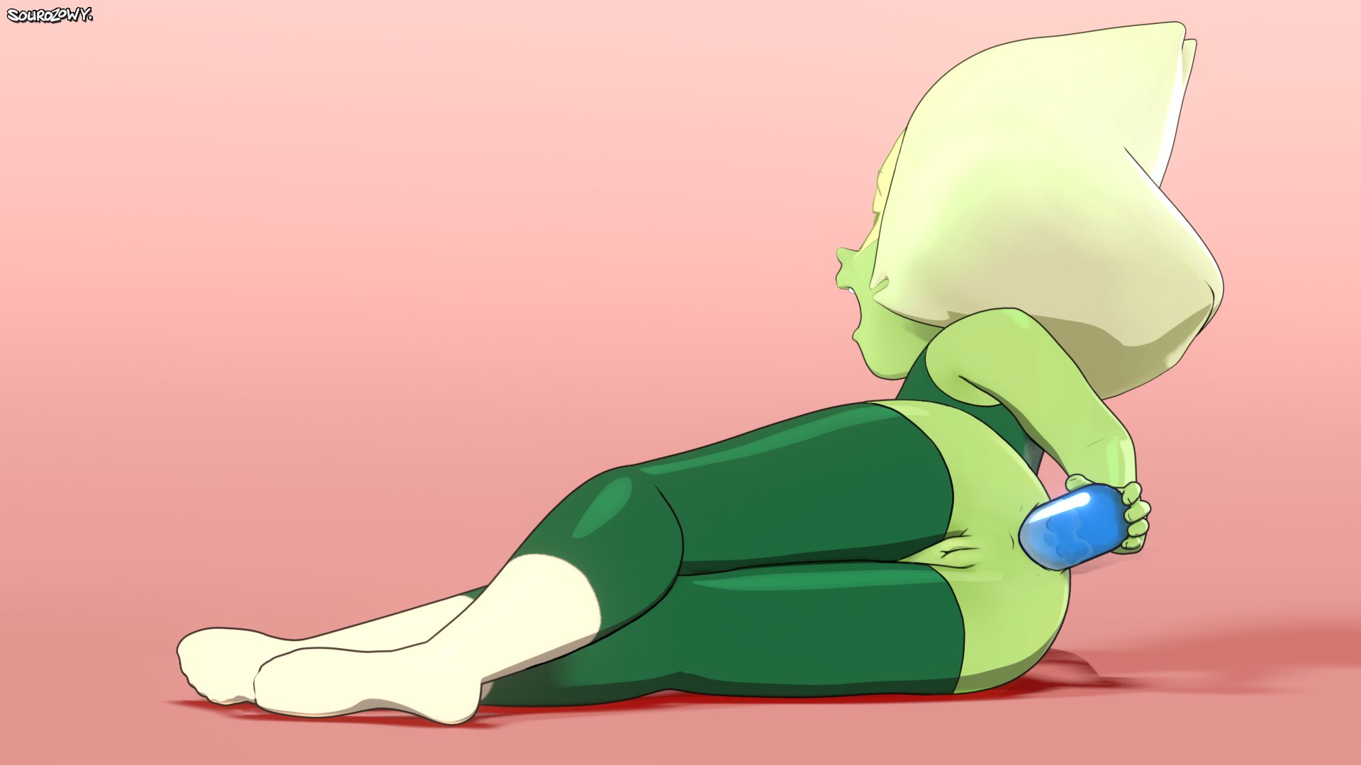 3d, 3d (artwork), anal, anal insertion, anal sex, ass, bottomless, cartoon network, clothing, dildo, dildo in ass, female, green body, legwear, peridot (steven universe), pussy, sex toy, sex toy in ass, sex toy insertion, solo, sourozowy, topwear