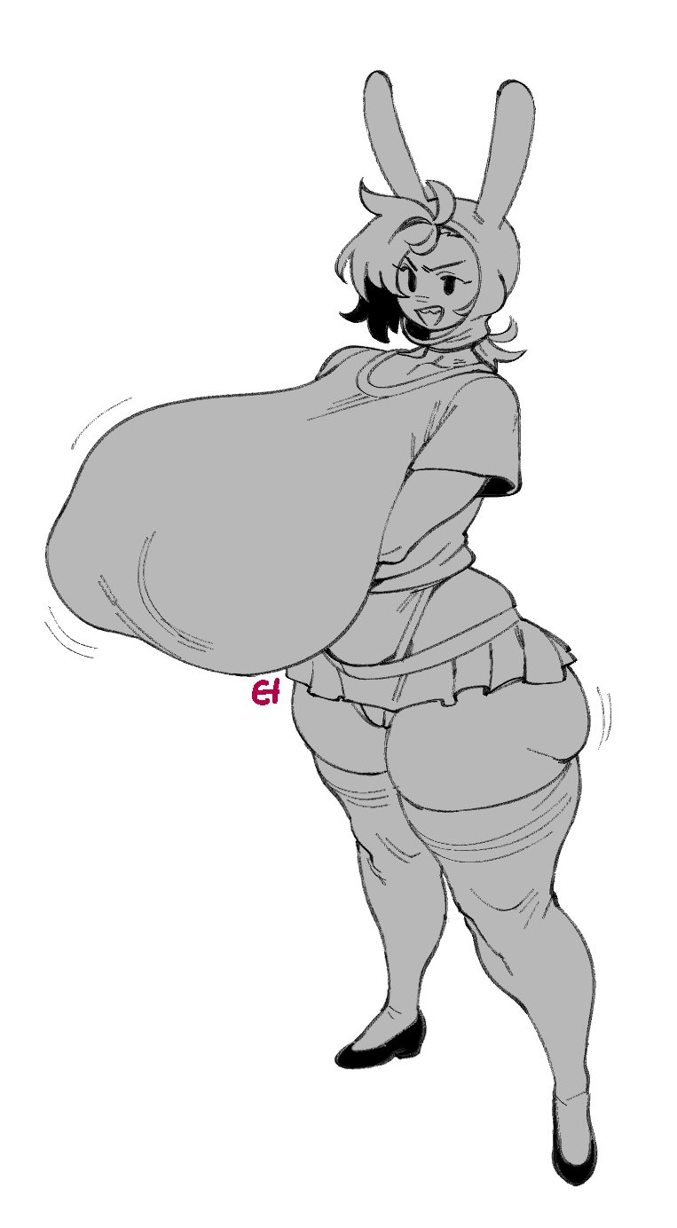 1girls, adventure time, adventure time: fionna & cake, arms under breasts, ass hanging out, ass hanging out of skirt, beltskirt, big ass, breasts, breasts bigger than head, bunny ears, clavicle, clothing, eigaka, fionna campbell, fionna the human girl, fully clothed, gigantic breasts, hat, huge breasts, massive breasts, mature female, microskirt, nipple bulge, nipple bulgepanties, nipples, shirt, short hair, simple background, skirt, stockings, thick thighs, thighhighs, thong, voluptuous