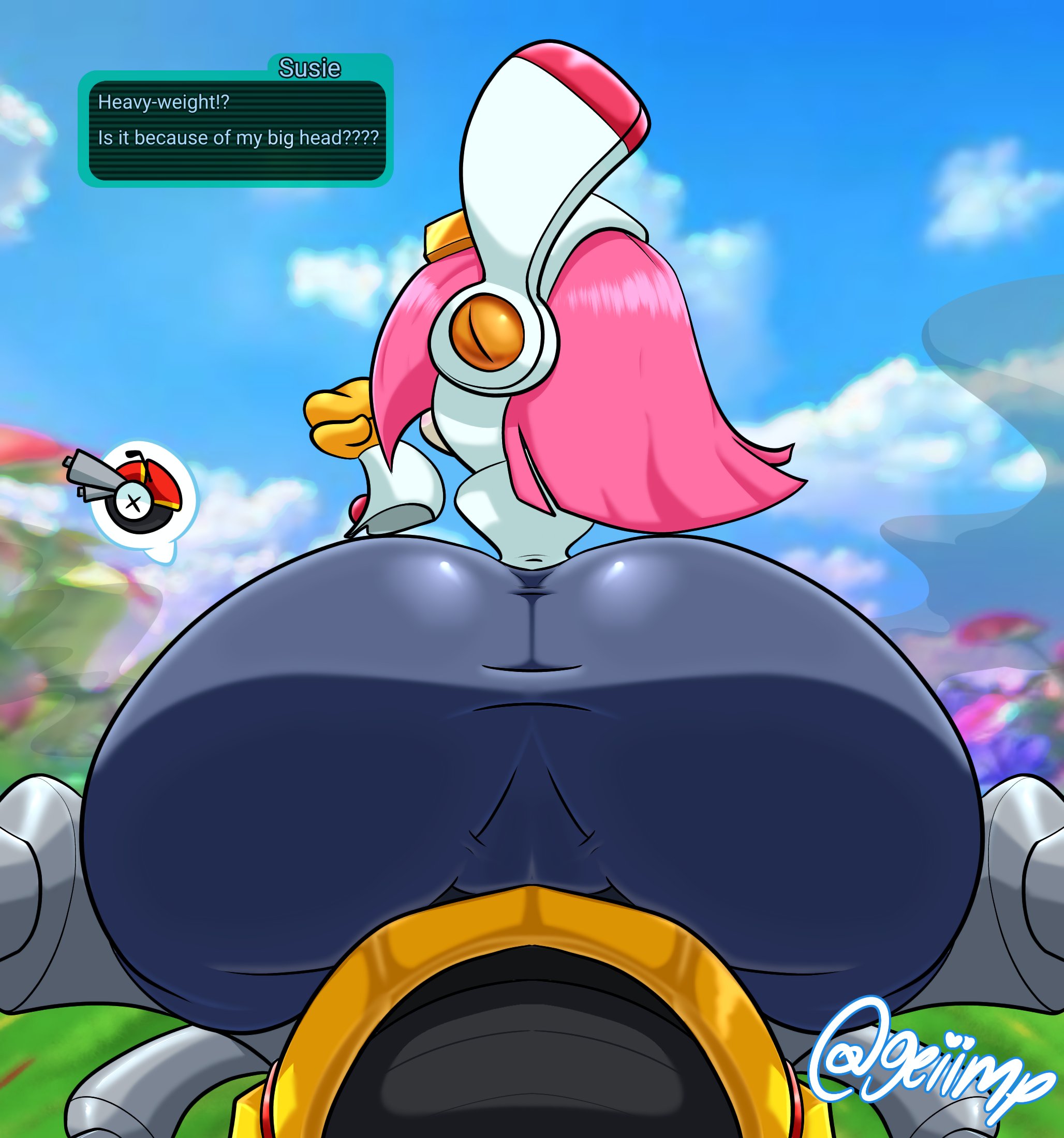 1girls, 2025, ass, ass body, ass focus, back, back view, big ass, female, female focus, geiimp, huge ass, hyper ass, kirby (series), kirby air riders, large ass, long hair, nintendo, outdoors, pink hair, sky, susanna patrya haltmann, susie (kirby), susie is actually a heavyweight rider, text, text box, wheelie (kirby), wheelie bike