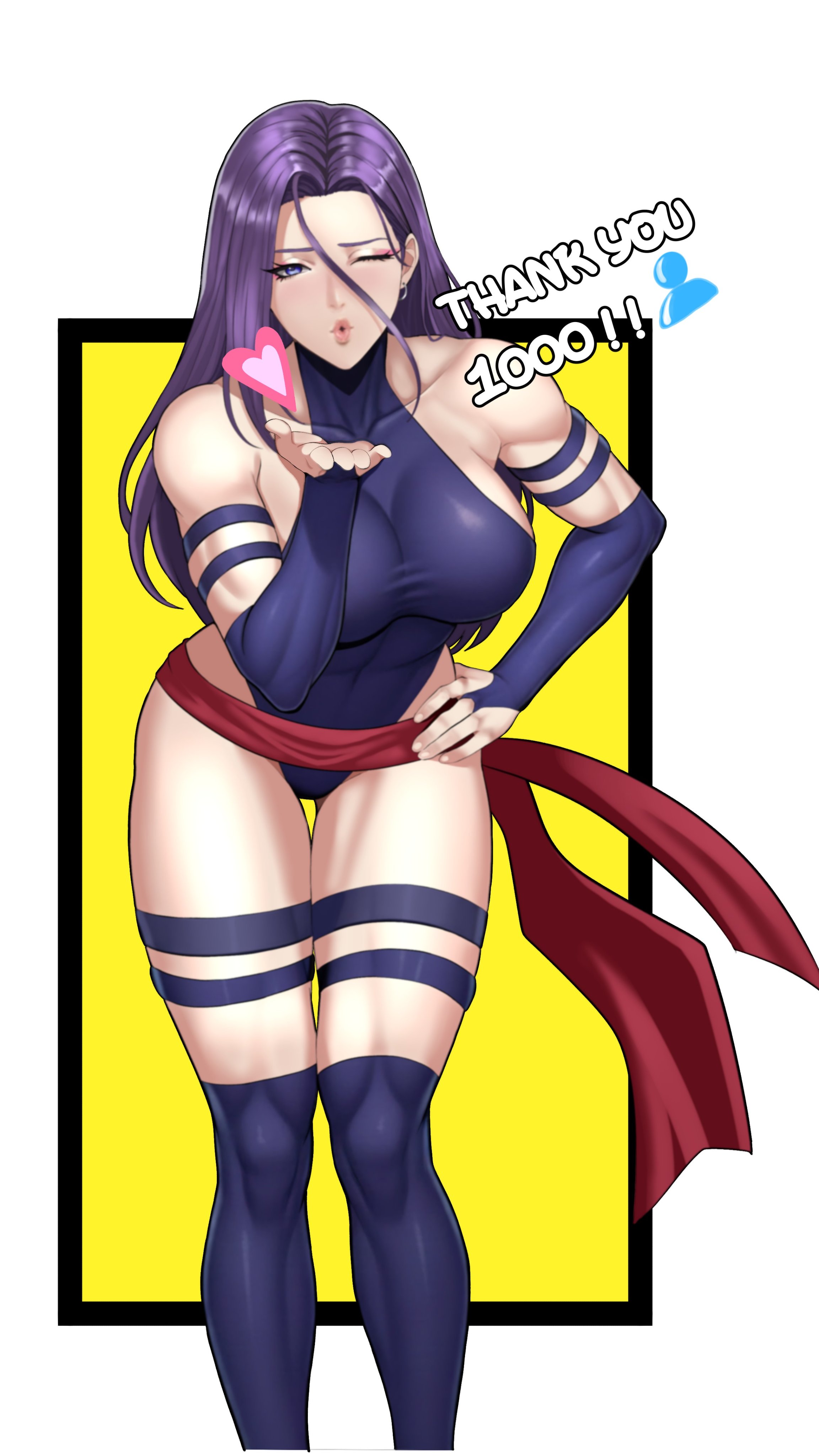 1girls, 2025, 2d, 2d (artwork), athletic, athletic female, big breasts, black border, blowing kiss, breasts, crimsomxmuse, female, female only, fit, fit female, kunoichi, large breasts, leotard, long hair, looking at viewer, marvel, marvel comics, multicolored background, muscular, muscular female, psylocke, psylocke (kwannon), purple hair, purple leotard, questionable, sfw, solo, solo female, superheroine, thank you, thigh gap, thighhighs, white border, wink, winking at viewer, x-men, yellow background