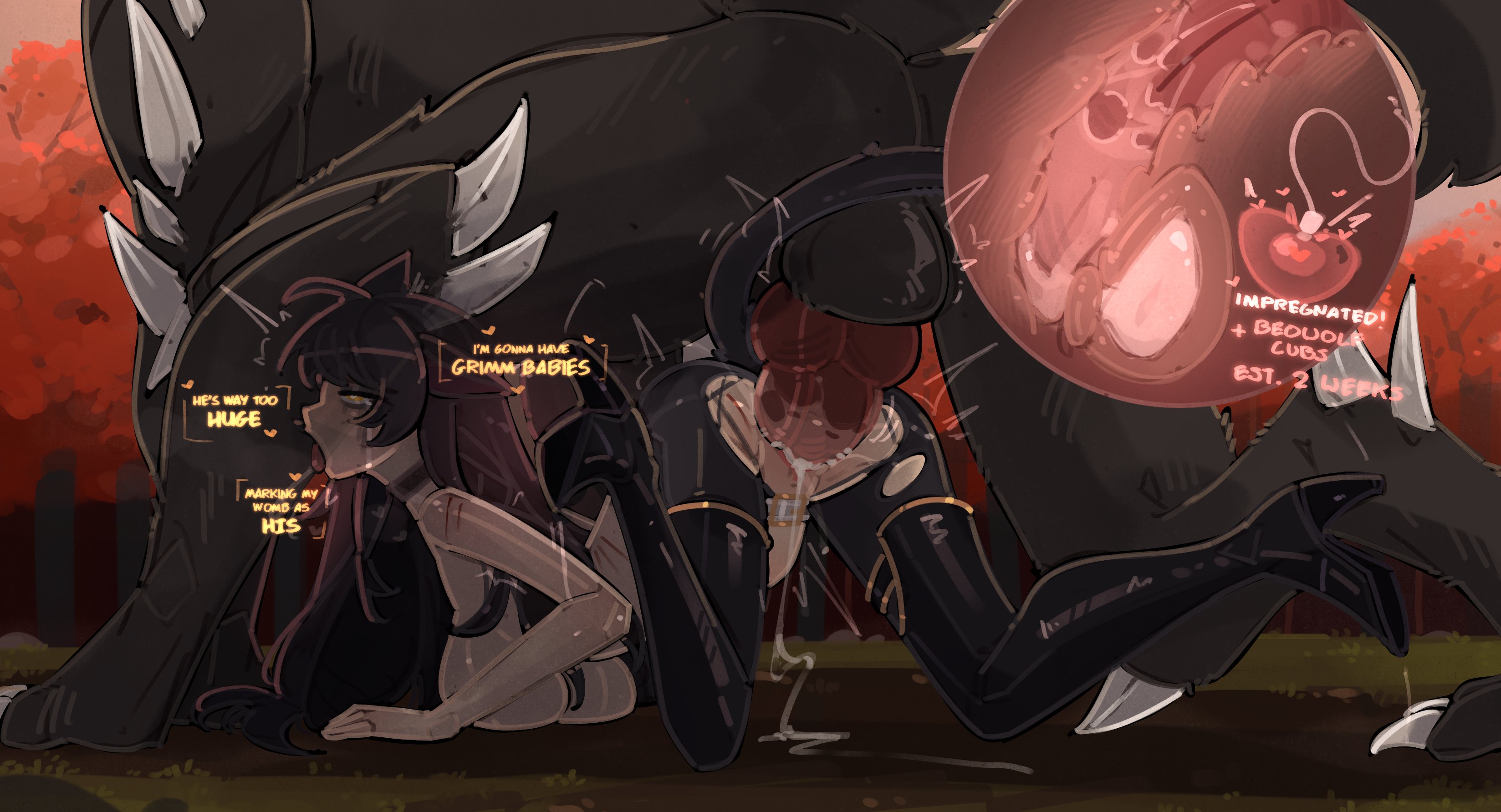 1boy, 1girls, 1girls1boy, belly bulge, beowolf (rwby), big breasts, big penis, big penis adoration, black hair, blake belladonna, boots, canine, canine genitalia, canine penis, cat ears, cat tail, catgirl, color, commission, cum, cum in pussy, cum in uterus, cum inside, dialogue, english, english dialogue, english text, female, forest background, from behind, functionally nude, grimm (rwby), heart, heart-shaped pupils, impregnation, interspecies, large breasts, large penis, light-skinned female, long hair, male, monster, open mouth, ovum, pantyhose, penetration, penis, pussy, rape, rough sex, rwby, scratches, sex, shuuko, size difference, size queen, sperm cell, spoken heart, spread legs, straight, torn clothes, torn pantyhose, twitter link, until they like it, uterus, vaginal penetration, x-ray, yellow eyes, zoophilia