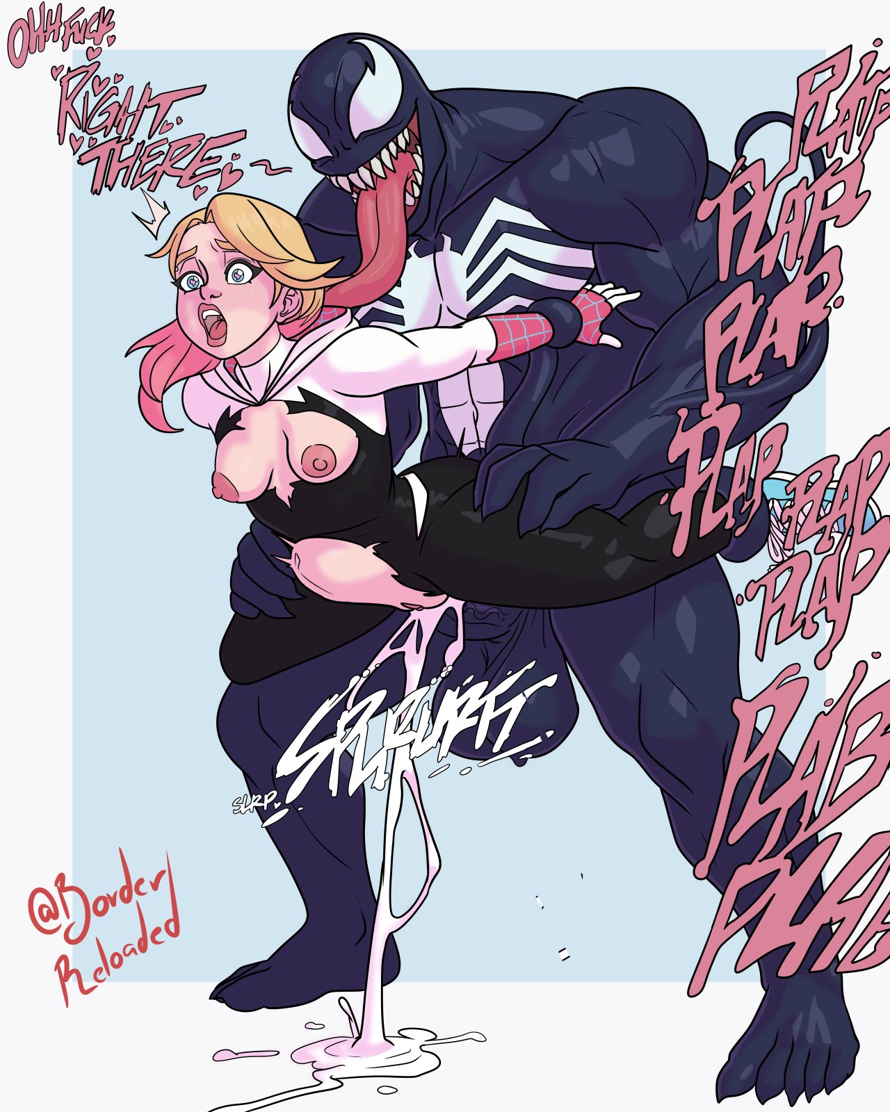 1boy, 1girls, age difference, balls, belly bulge, blonde hair, borderreloaded, breasts, breasts out, cum, cum in pussy, cum inside, dialogue, erection, excessive cum, female, from behind, gwen stacy, gwen stacy (spider-verse), huge balls, huge cock, larger male, leaking cum, long tongue, male, marvel, marvel comics, muscular, muscular male, nipples, open mouth, penetration, penis, pink hair, pussy, sex, sharp teeth, size difference, small breasts, smaller female, spider-gwen, spider-man (series), spider-man: into the spider-verse, stomach bulge, symbiote, text, tongue, tongue out, torn clothes, two-tone hair, veiny penis, venom (marvel)