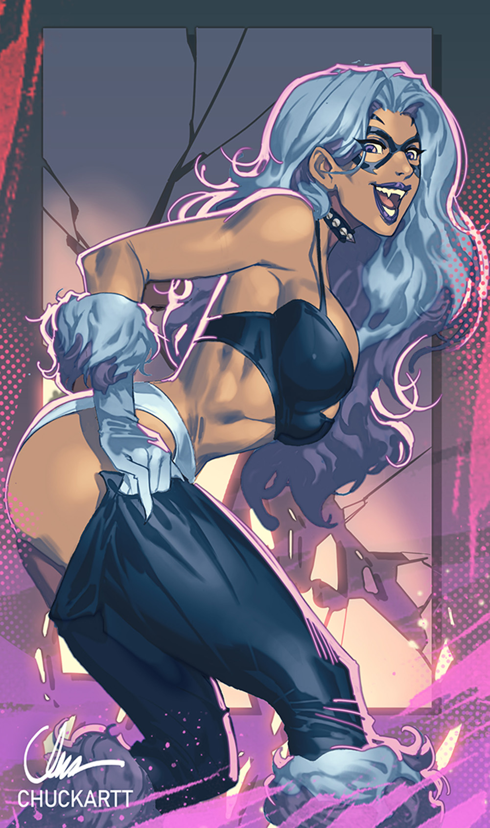 1girls, 2d, 2d (artwork), black bra, black cat (marvel), black legwear, bra, breasts, chuckartt, collar, dressing, fangs, felicia hardy, female, getting dressed, gloves, large breasts, looking at viewer, marvel, marvel comics, mask, masked, masked female, pulling up pants, purple eyes, putting clothes on, putting on clothes, putting supersuit on, solo, spider-man (series), spiked collar, spikes, suiting, suiting up, underwear, vampire, vampire teeth, white hair, white panties