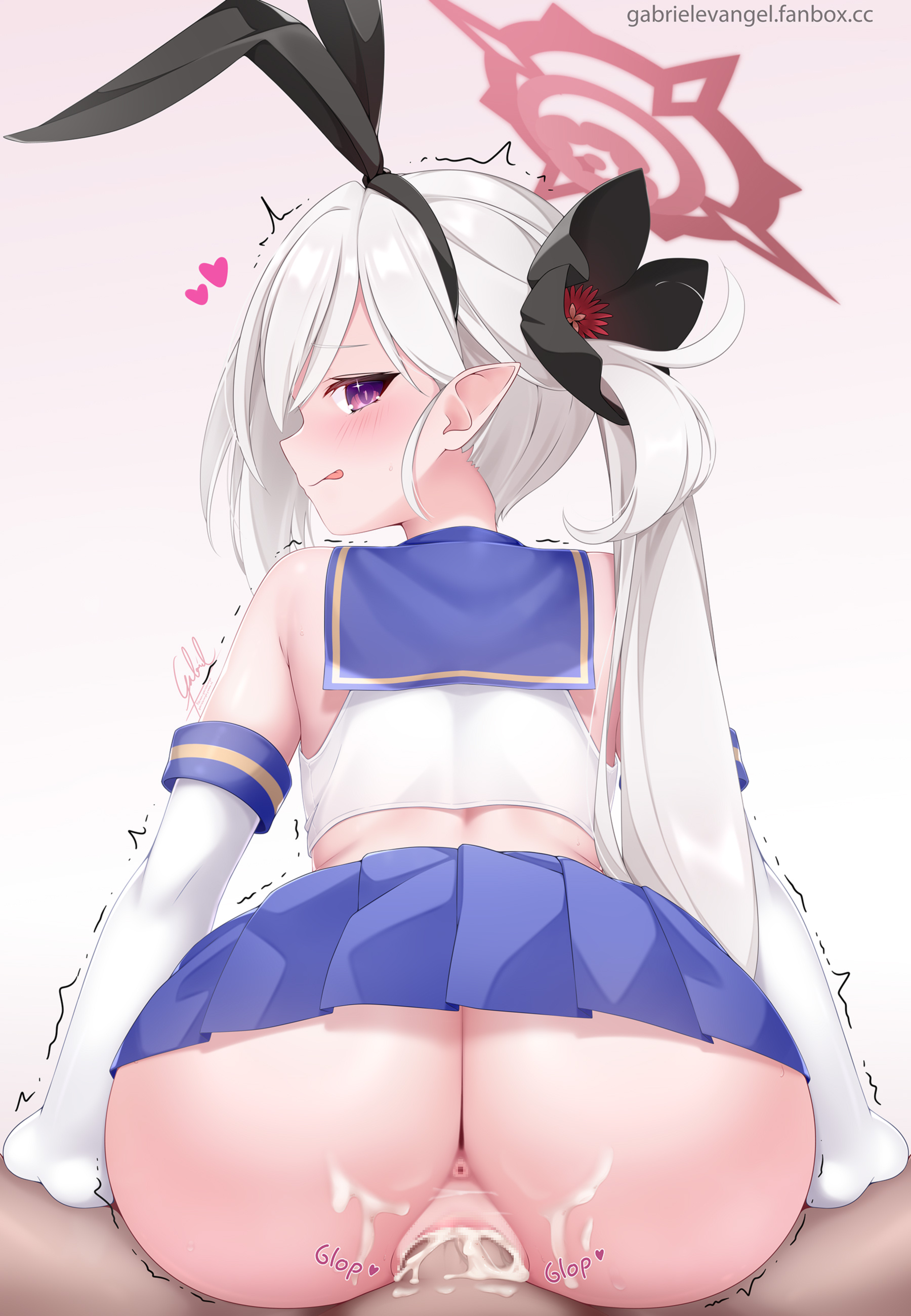 1boy, 1girls, ass, blue archive, blue skirt, bunny ears, censored, censored pussy, cosplay, cum, cum in pussy, cum inside, cum on ass, female, flower hair ornament, gabriel evangel, gehenna academy student, gloves, gradient background, halo, headband, heart, hi res, light skin, light-skinned female, light-skinned male, looking back, male, male pov, mosaic censoring, mutsuki (blue archive), pov, problem solver 68 (blue archive), purple eyes, pussy, reverse cowgirl position, sex, shimakaze (kantai collection), shimakaze (kantai collection) (cosplay), side ponytail, simple background, skirt, tagme, vaginal penetration, white hair
