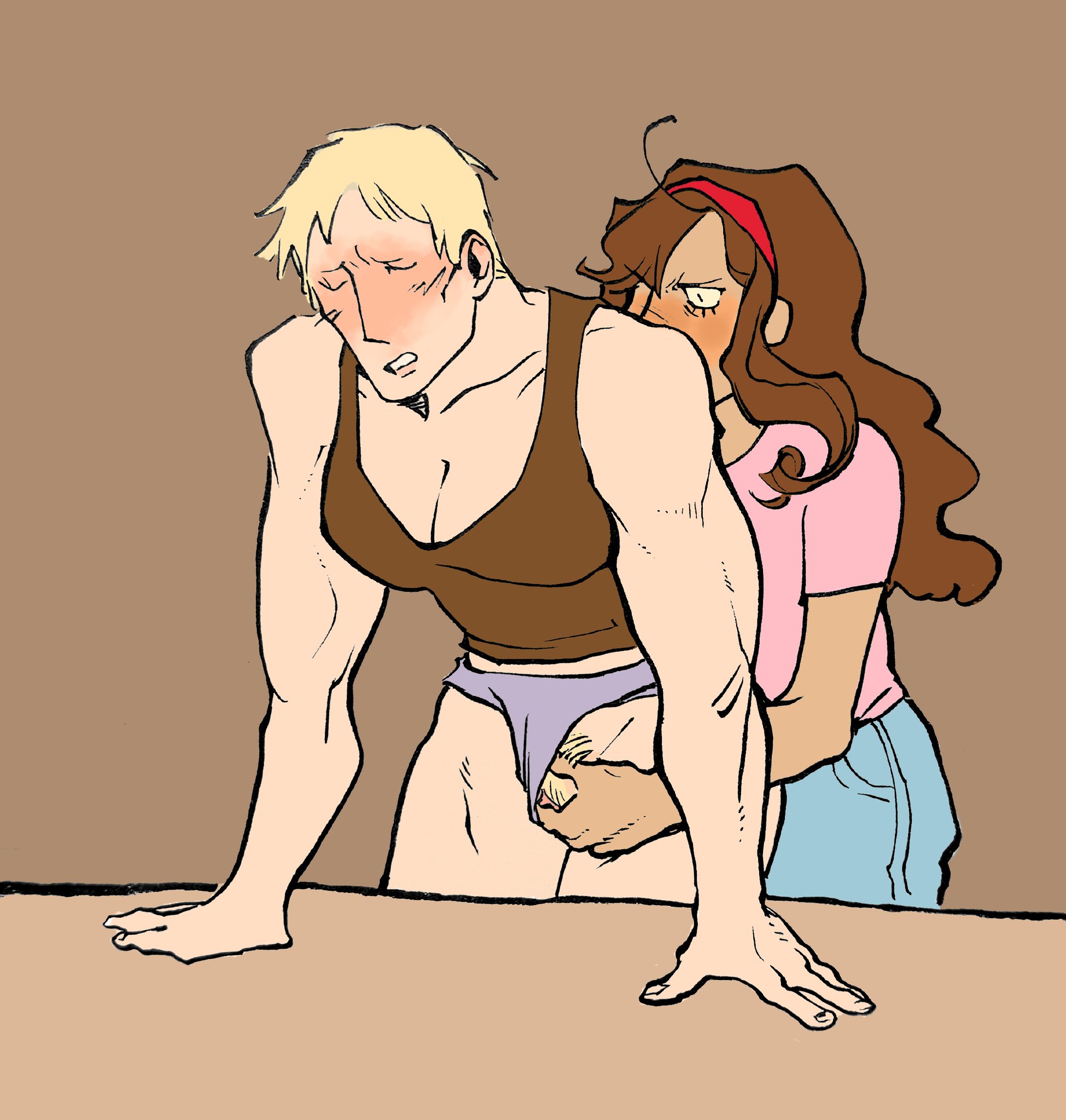 blonde hair, blue eyes, blushing, brown hair, butch, clothed female, dominant female, female, green eyes, halfnude, hand on vagina, hands on table, hetalia, lesbian couple, ludwig weillschmidt, muscular, muscular female, nyo!germany, nyo!romano, nyotalia, pubic hair, pussy, skinny female, submissive female, suggestive, suggestive pose, yuri