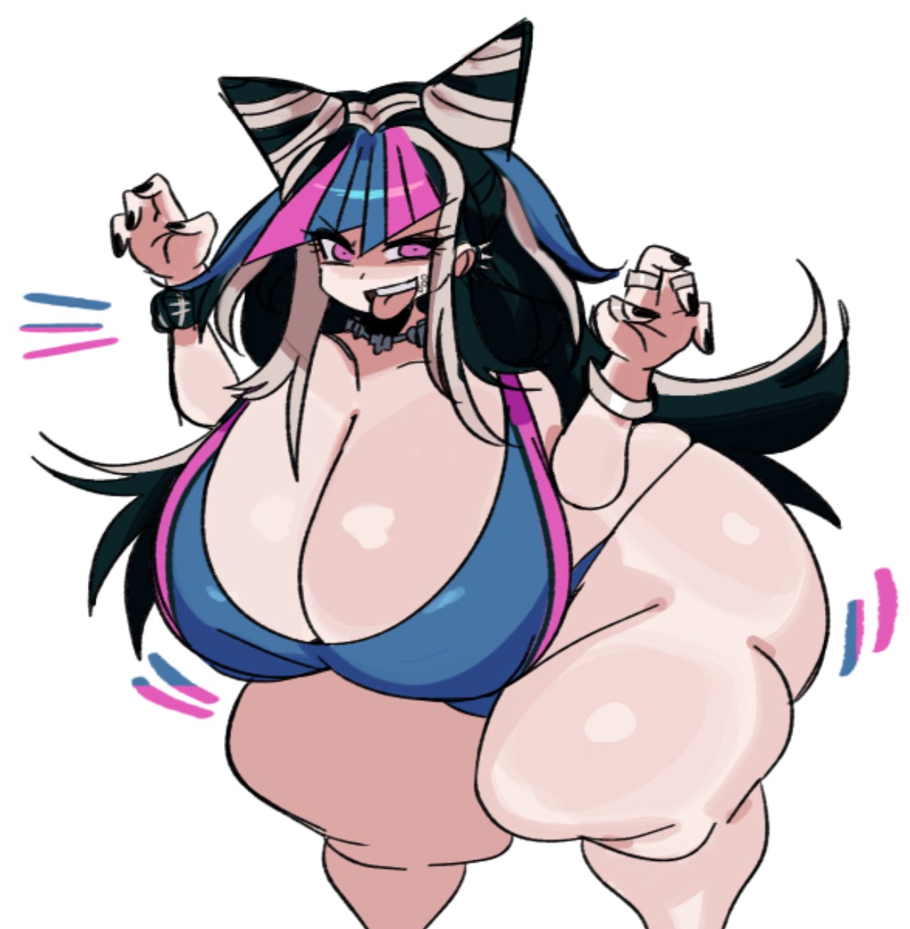 1girls, bbw, big breasts, black hair, blue hair, bottom heavy, breasts, chubby, chubby female, cleavage, danganronpa, danganronpa 2: goodbye despair, ear piercing, female, goth, goth girl, huge breasts, jewelry, long hair, mioda ibuki, mstreetsamurai, multicolored hair, piercing, pink eyes, punk, punk girl, solo, thick thighs, thighs, tongue