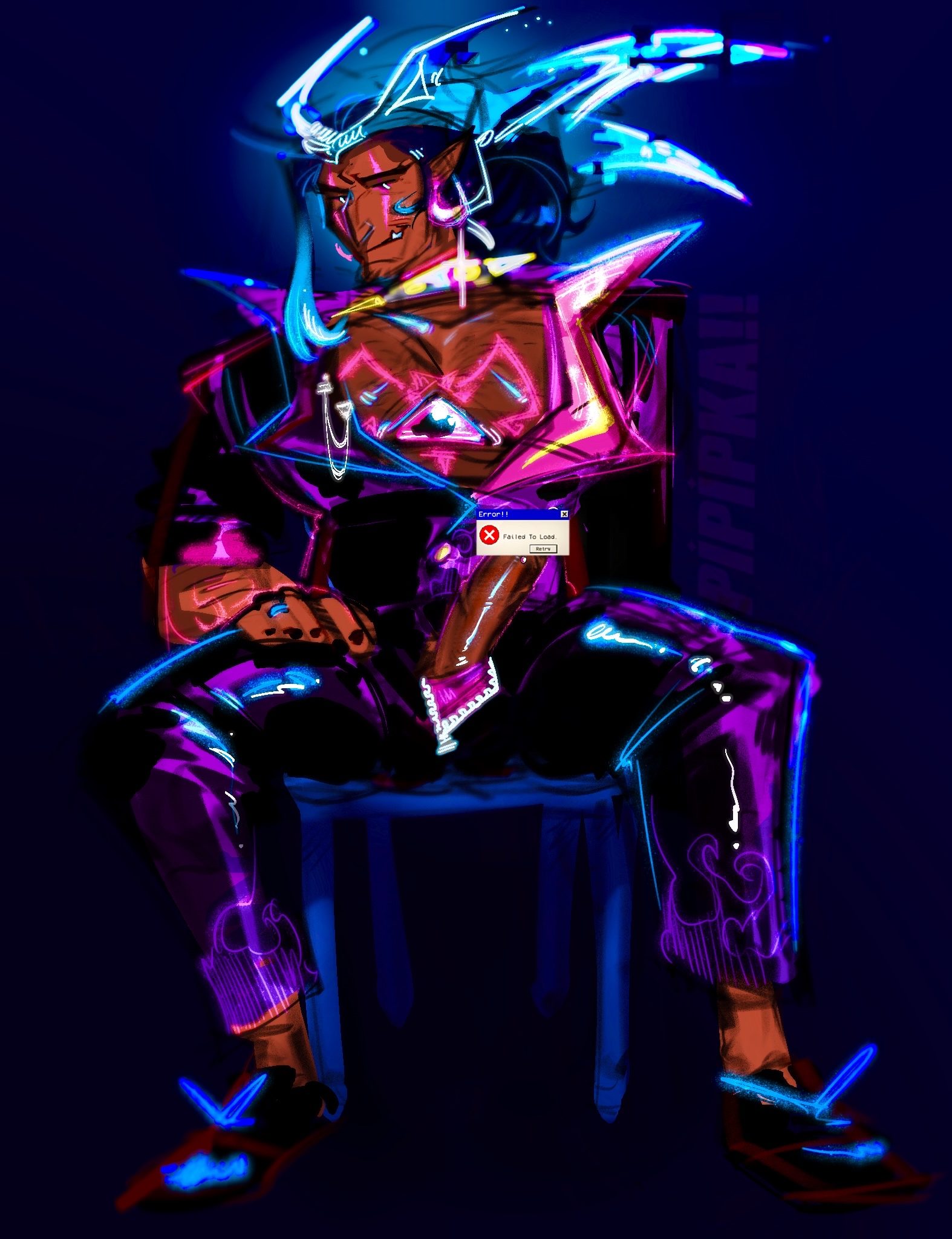 big penis, burning spice cookie, cookie run, cookie run kingdom, dark hair, destroyer of virtual worlds, male, neon lights, penis, pipipka, red skin, sitting on chair, smirk, tattoos