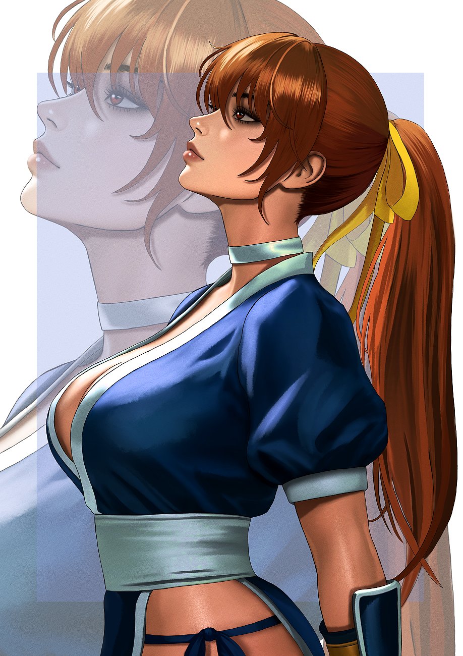1girls, breasts, brown eyes, cleavage, dead or alive, female, female only, fit female, full lips, ginger hair, hair ribbon, human, human female, kasumi (doa), kittymiya, kttymya, kunoichi, large breasts, light-skinned female, long hair, orange hair, ponytail, red eyes, red hair, side view, upper body