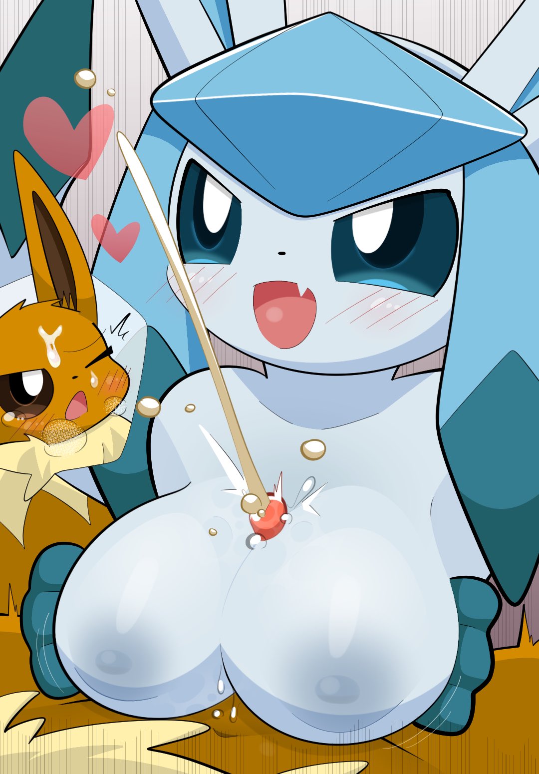 1boy, 1girls, animal genetalia, anthro on anthro, bestiality, big breasts, blush, blush lines, boobjob, breasts, cum, eevee, eeveelution, female, furry, furry female, furry only, glaceon, heart, japanese text, male, paizuri, penis, pokemon, pokemon (species), sateco, tagme, tapering penis, titjob, zoophilia