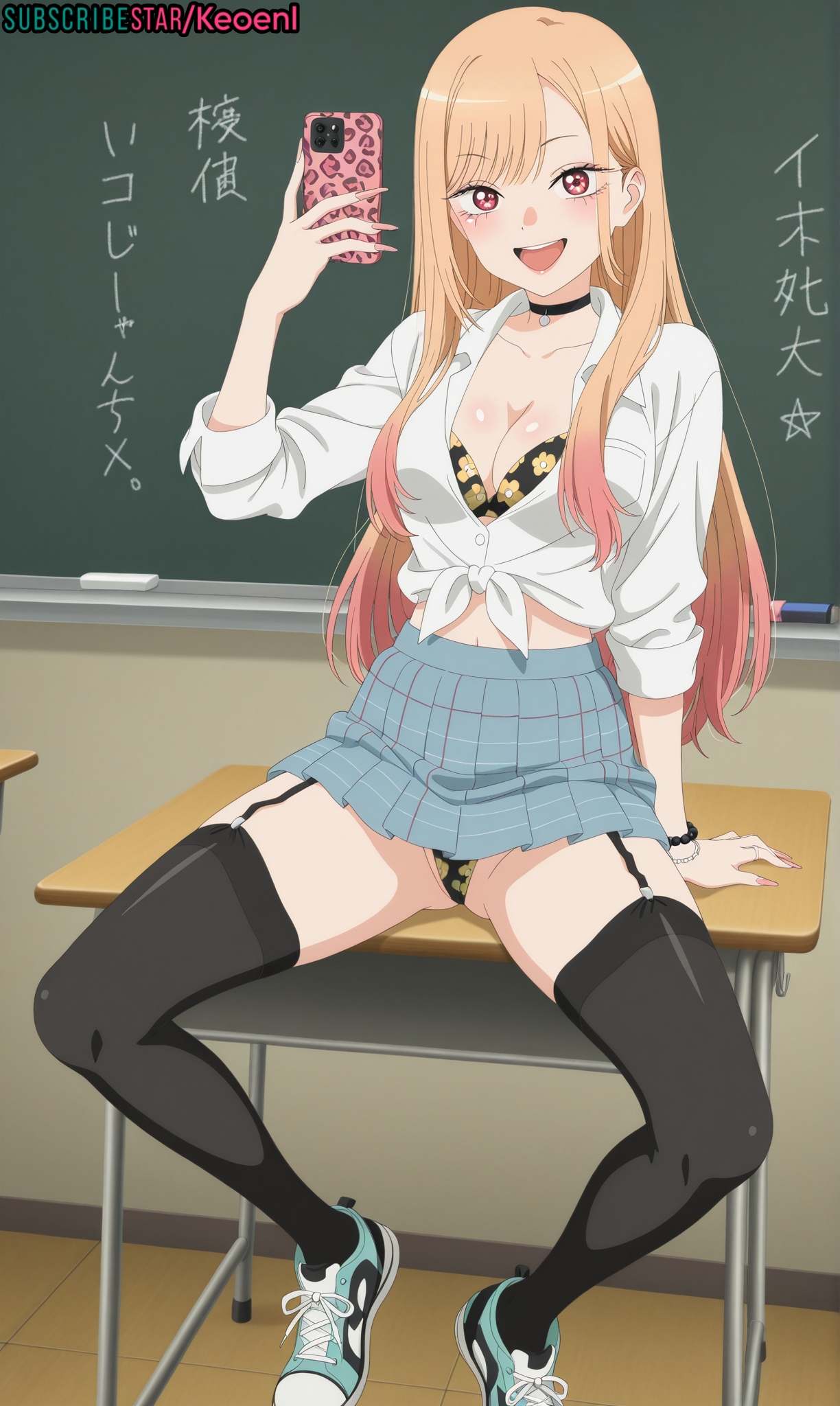 1girls, accurate art style, ai generated, anime, bangs, big breasts, blonde female, blonde hair, blush, bra, bra slip, breasts, cellphone, choker, cleavage, cosplay, eyelashes, female, female only, gyaru, gyaru gal, happy, heart, hi res, holding object, horny, huge breasts, keoenl, kitagawa marin, legs apart, legs up, lipstick, long hair, long nails, looking at viewer, makeup, marin kitagawa, miniskirt, my dress up darling, nail polish, naughty face, navel, open mouth, pink eyes, pink nails, prostitute, prostitution, pussy, school, school uniform, schoolgirl, seductive, selfie, sexy, sitting, skirt, smile, sneakers, sono bisque doll wa koi wo suru, spread legs, straps, subscribestar, thick thighs, thighhighs, thong, thong straps, two-tone hair, wide hips