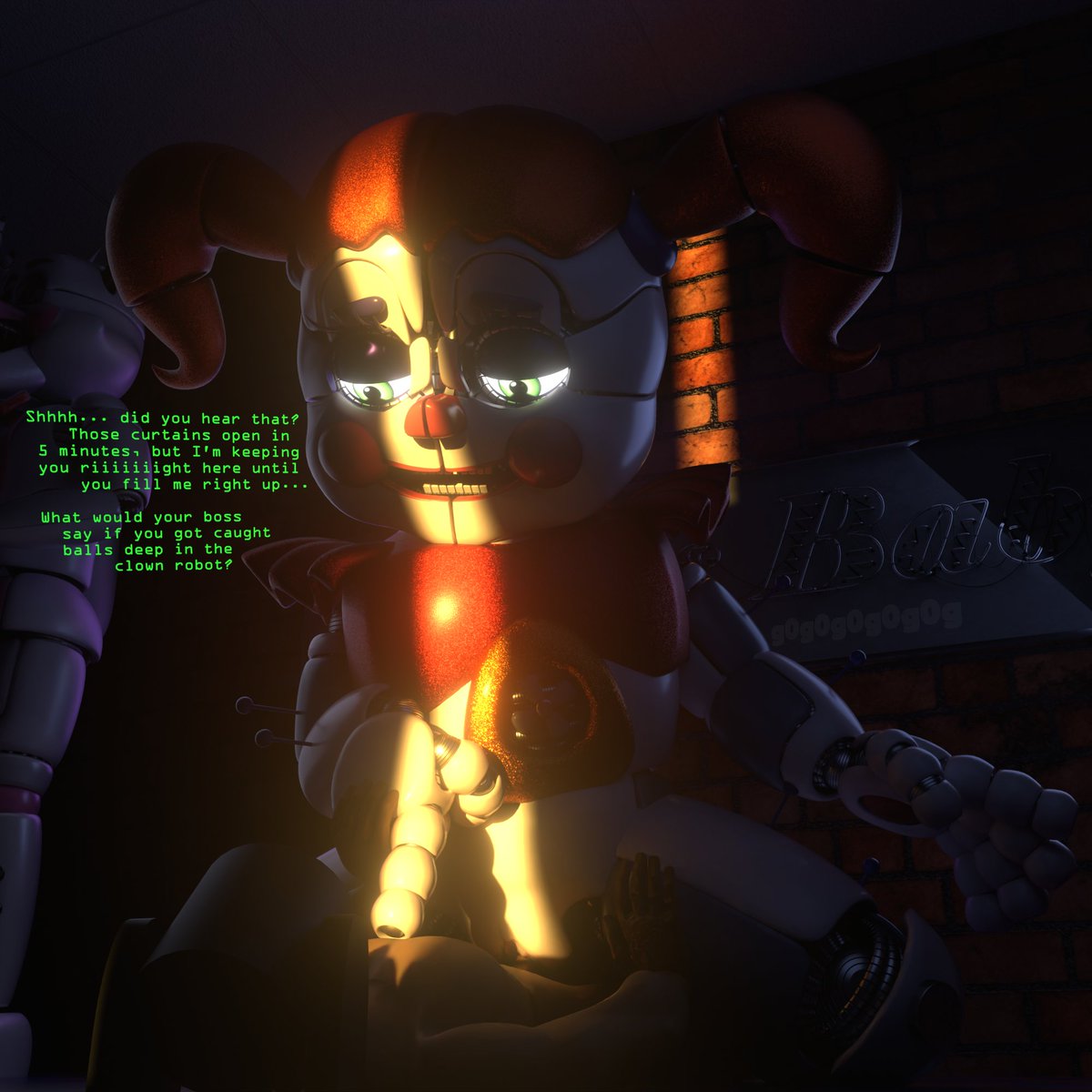 3d, accurate art style, accurate body type, accurate model, animatronic, bigger female, circus baby, circus baby (fnaf), circus baby (original), cowgirl position, dialogue, english text, female, five nights at freddy's, five nights at freddy's: sister location, g0g0g0g0g0g, green eyes, human, human on robot, male, penetration, penis, pussy, robot, robot girl, robot humanoid, sex, size difference, straight, text, twintails, vagina, vaginal penetration, vaginal sex