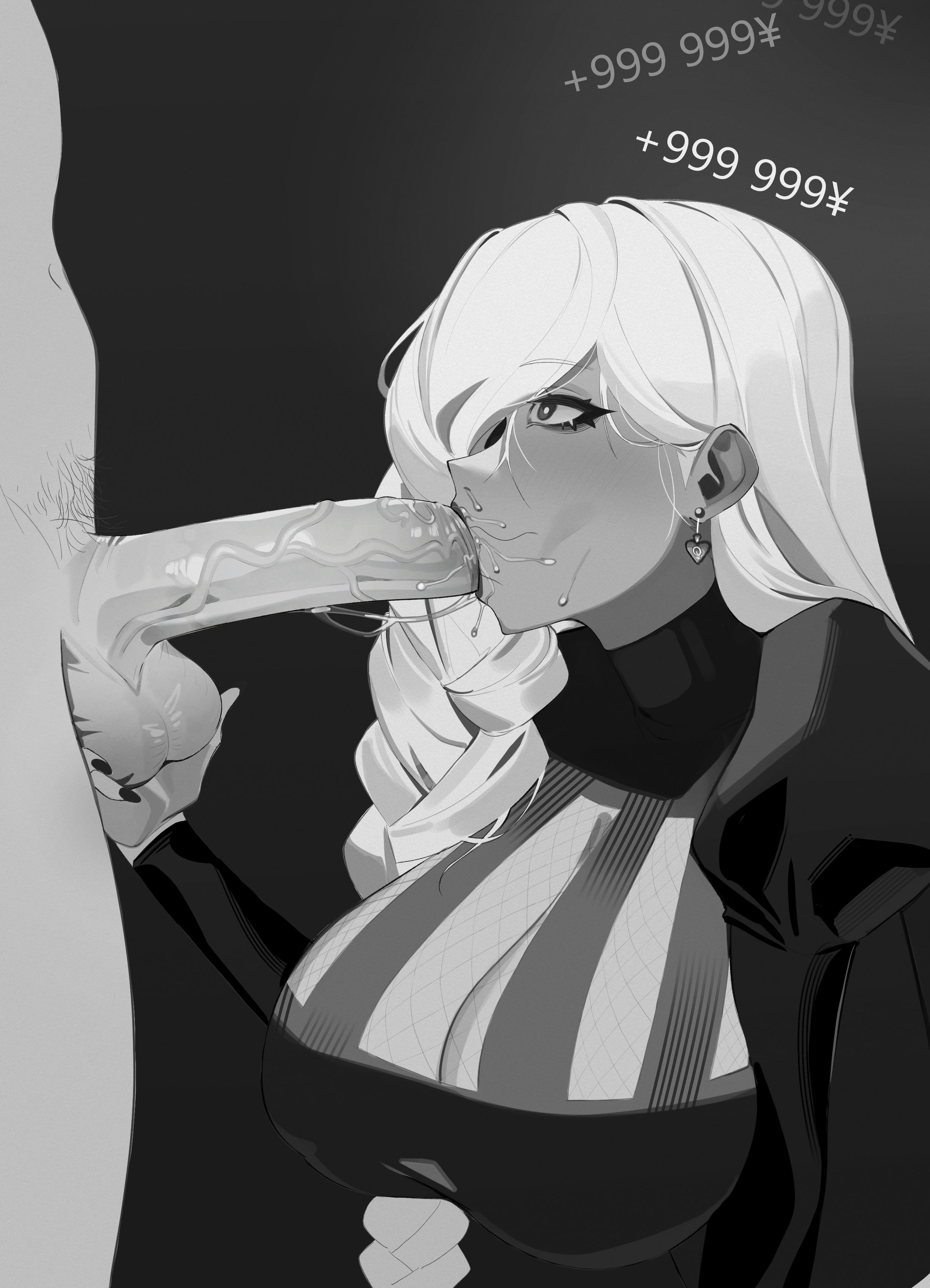 artist request, big breasts, big penis, blowjob, braided hair, breasts, currency symbol, fellatio, female, greyscale, jujutsu kaisen, long hair, male, mei mei (jujutsu kaisen), milf, money, penis, sloppy, sloppy blowjob, wet penis, white hair, yen