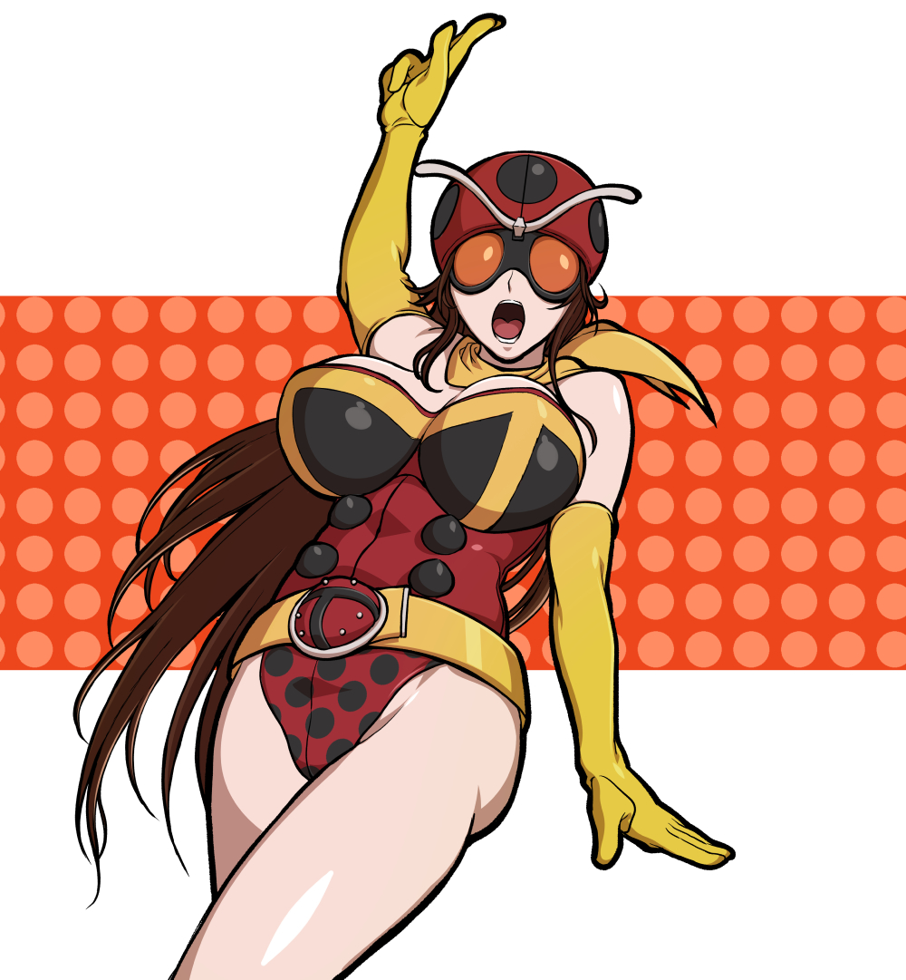 1girls, arm sleeves, big breasts, breasts, cosplay, curvy, electro wave human tackle, female, huge breasts, human, kamen rider, long hair, okada yuriko, older female, polka dot, superheroine, toujima tanzaburou wa kamen rider ni naritai