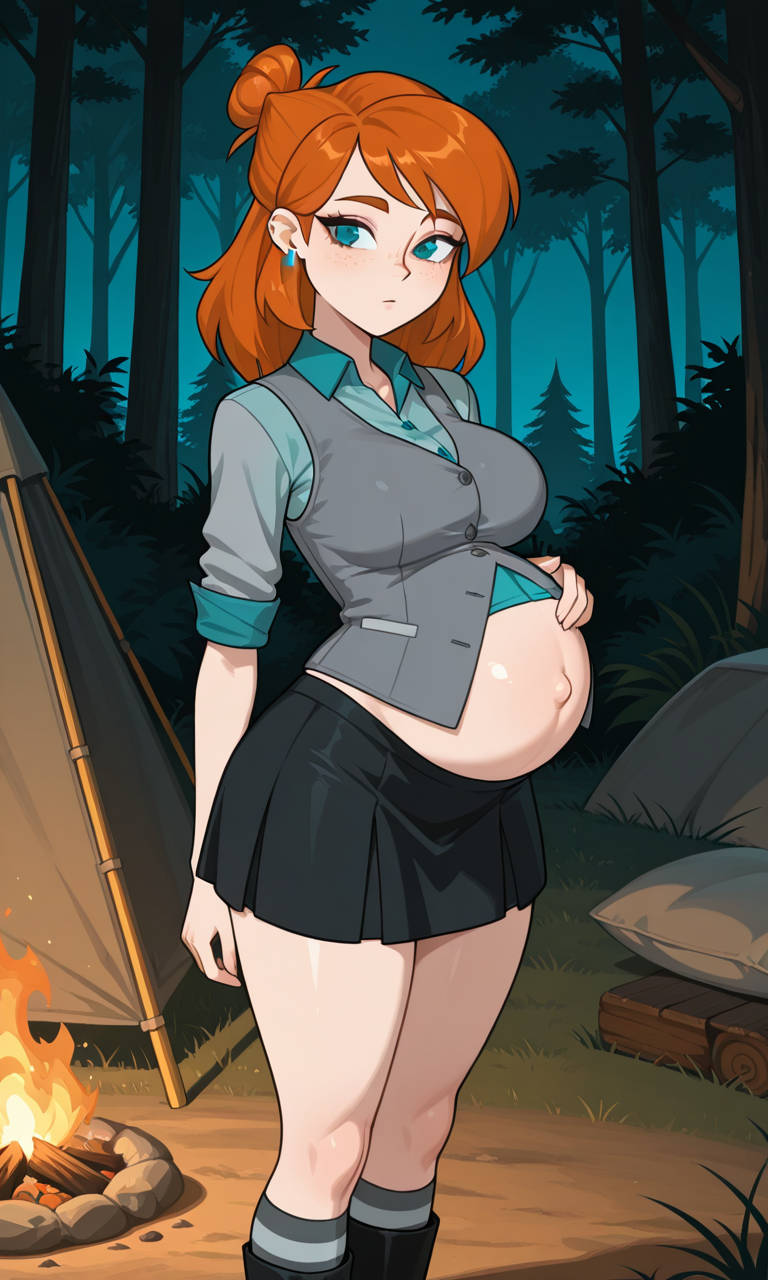 ai generated, disventure camp, ellie (disventure camp), female, female only, freckles, freckles on face, ginger female, ginger hair, looking at viewer, odd nation cartoons, pregnant, pregnant belly, pregnant female, solo, solo female, solo focus