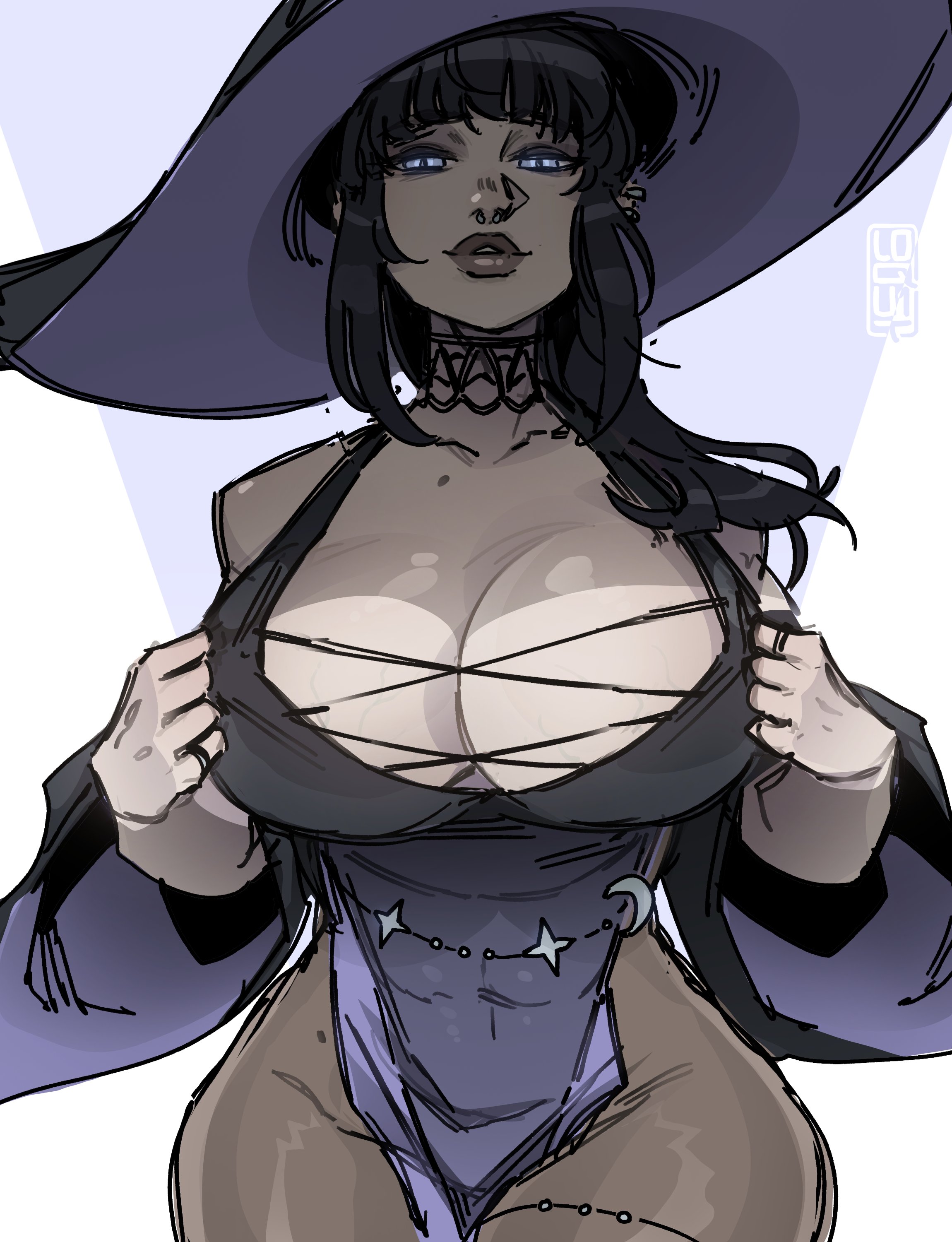 1girls, big lips, black hair, blue eyes, breasts, breasts bigger than head, choker, cleavage, female, gigantic breasts, huge breasts, long hair, loqu1t, nose piercing, nose ring, pelvic curtain, solo, solo female, thick thighs, thighs, witch hat