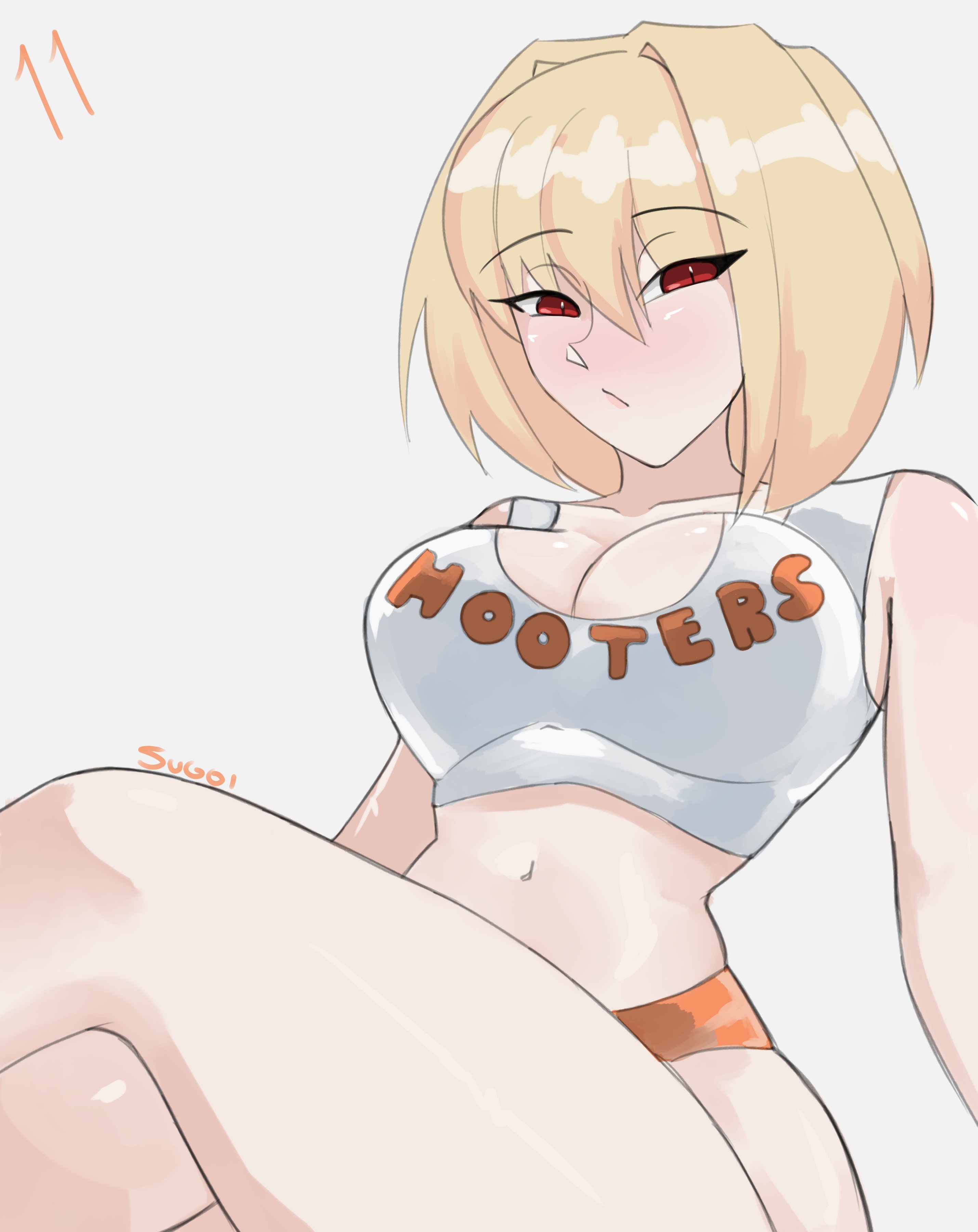 1girls, arcueid brunestud, blonde hair, blush, breasts, cleavage, female, hair between eyes, hooters, hooters uniform, huge breasts, looking at viewer, melty blood, orange shorts, plump, red eyes, seductive, seductive look, short hair, shorts, sitting, sugoiiii , thick thighs, thighs, topwear, tsukihime, waitress, waitress outfit, waitress uniform, white shirt, white topwear
