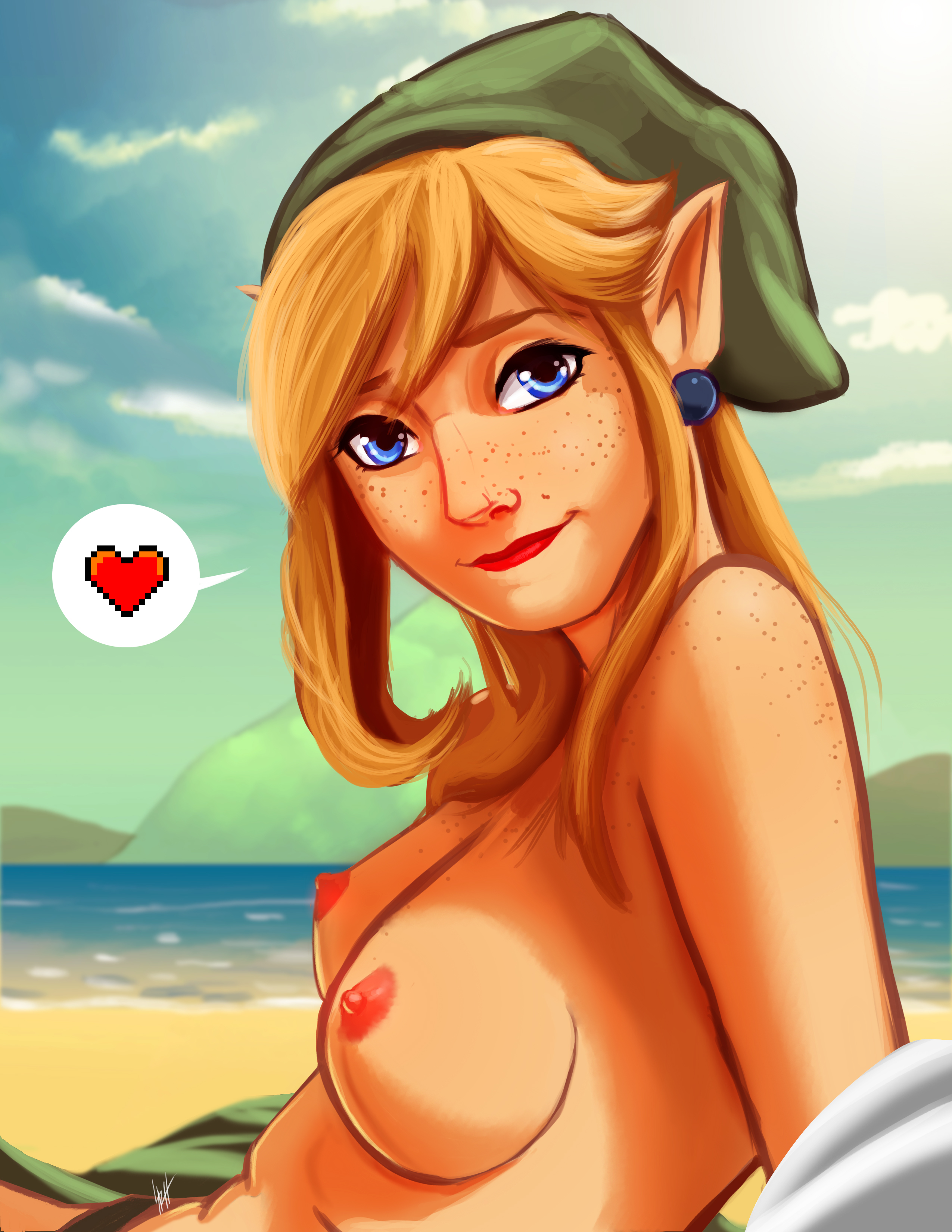 areola, beach, blonde hair, blue eyes, breasts, cleavage, earrings, female, freckles, hat, heart, highres, larhsrebirth, link, looking at viewer, nintendo, nipples, outdoors, pointy ears, rule 63, short hair, smile, solo, the legend of zelda, topless, water