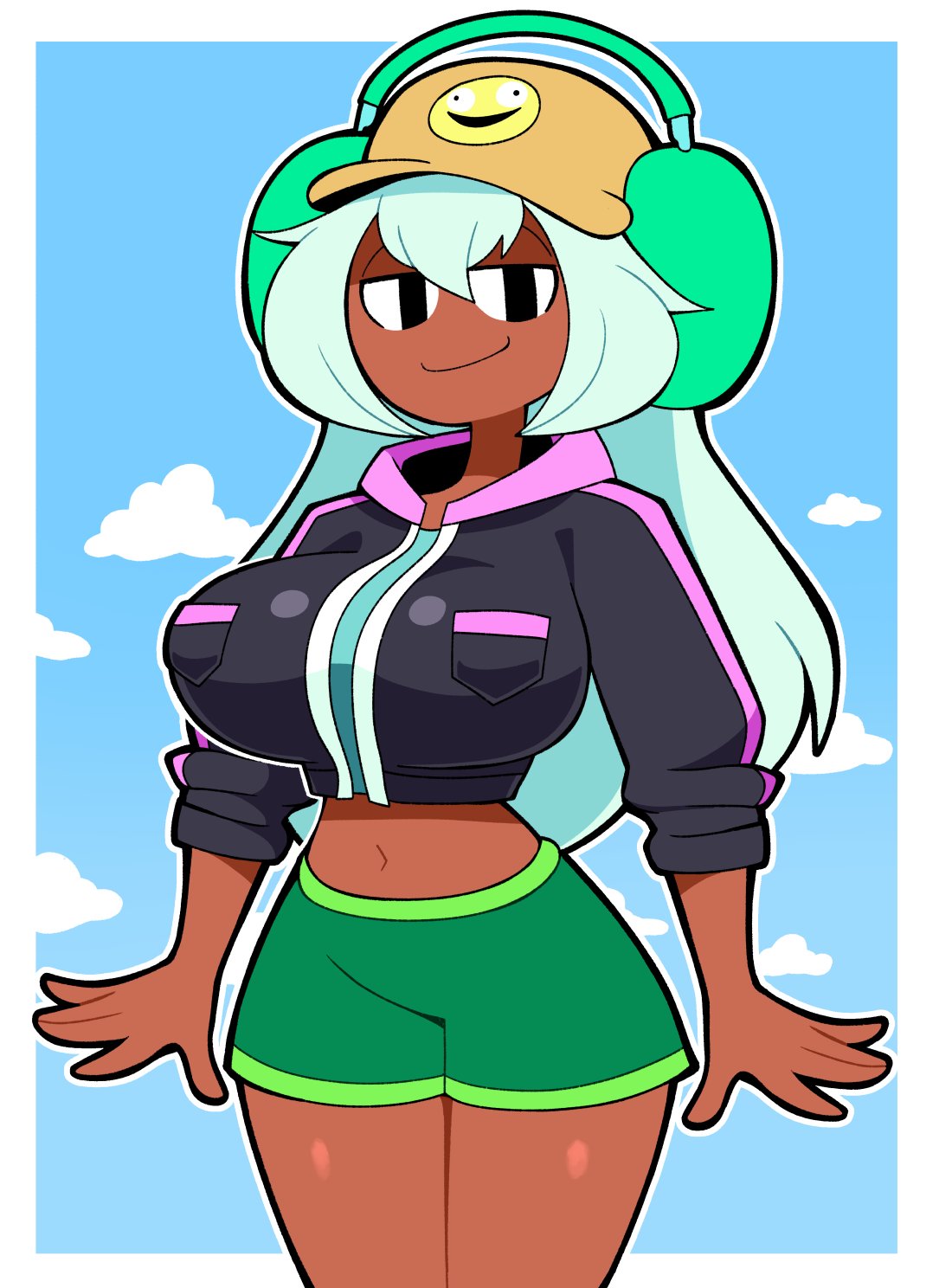 1girls, aqua hair, aqua shorts, baseball cap, black eyes, blue sky, borrowed character, breasts, brown headwear, closed mouth, clothing, cloud, cowboy shot, crop top, cropped hoodie, cropped jacket, dark skin, dark-skinned female, dolly dimpley, female, green shorts, hair between eyes, hat, headphones, hood, hoodie, jacket, large breasts, long hair, looking at viewer, midriff, narrow waist, navel, pocket, scottfalco (artist), short shorts, shorts, sky, smile, smiling friends, solo, very dark skin, white hair, white outline