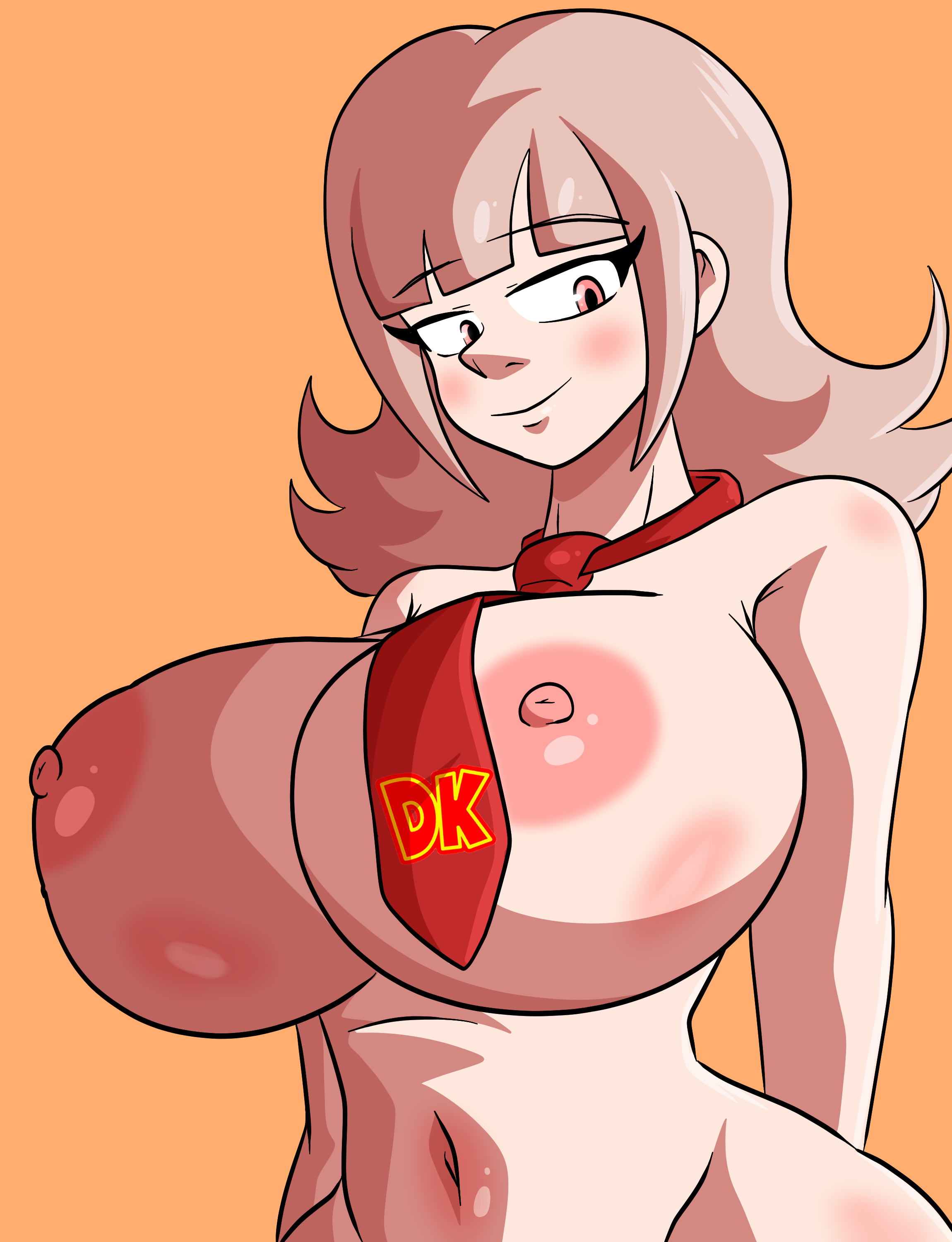 1girls, arms behind back, artlaccer (artist), big breasts, breasts, danganronpa, danganronpa 2: goodbye despair, donkey kong, donkey kong (series), female, hips, huge breasts, laccerart, looking at viewer, nanami chiaki, nude, nude female, red tie, short hair, smooth skin, tie, wide hips