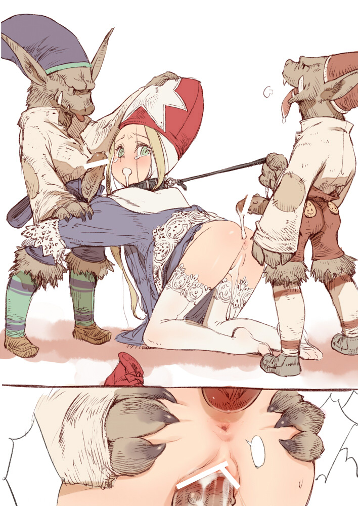 anus ass ass_grab blonde_hair bondage branch_(blackrabbits) censored collar cum cum_in_pussy cumdrip dress final_fantasy final_fantasy_tactics final_fantasy_tactics_(original) goblin_(final_fantasy) green_eyes group_sex long_hair looking_back mitre penis pussy saliva spread_ass thighhighs time_mage time_mage_(fft)