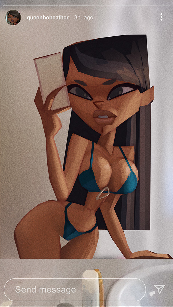 2d, authorialnoice, bikini, black eyes, black hair, busty, female, female focus, female only, heather (tdi), hourglass figure, long hair, pinup, pinup pose, selfie, snapchat, tagme, text, total drama island, wide hips