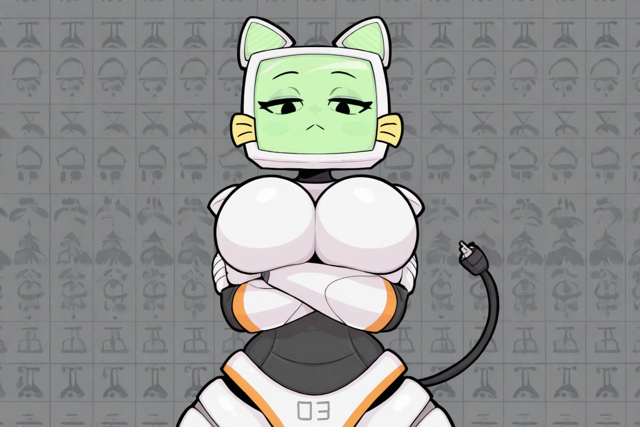 ai generated, breasts, cat robot, charger tail, female, fuch animations, green screen, looking at viewer, massive breasts, pur 03, robot girl, screen face, screen head, white breasts