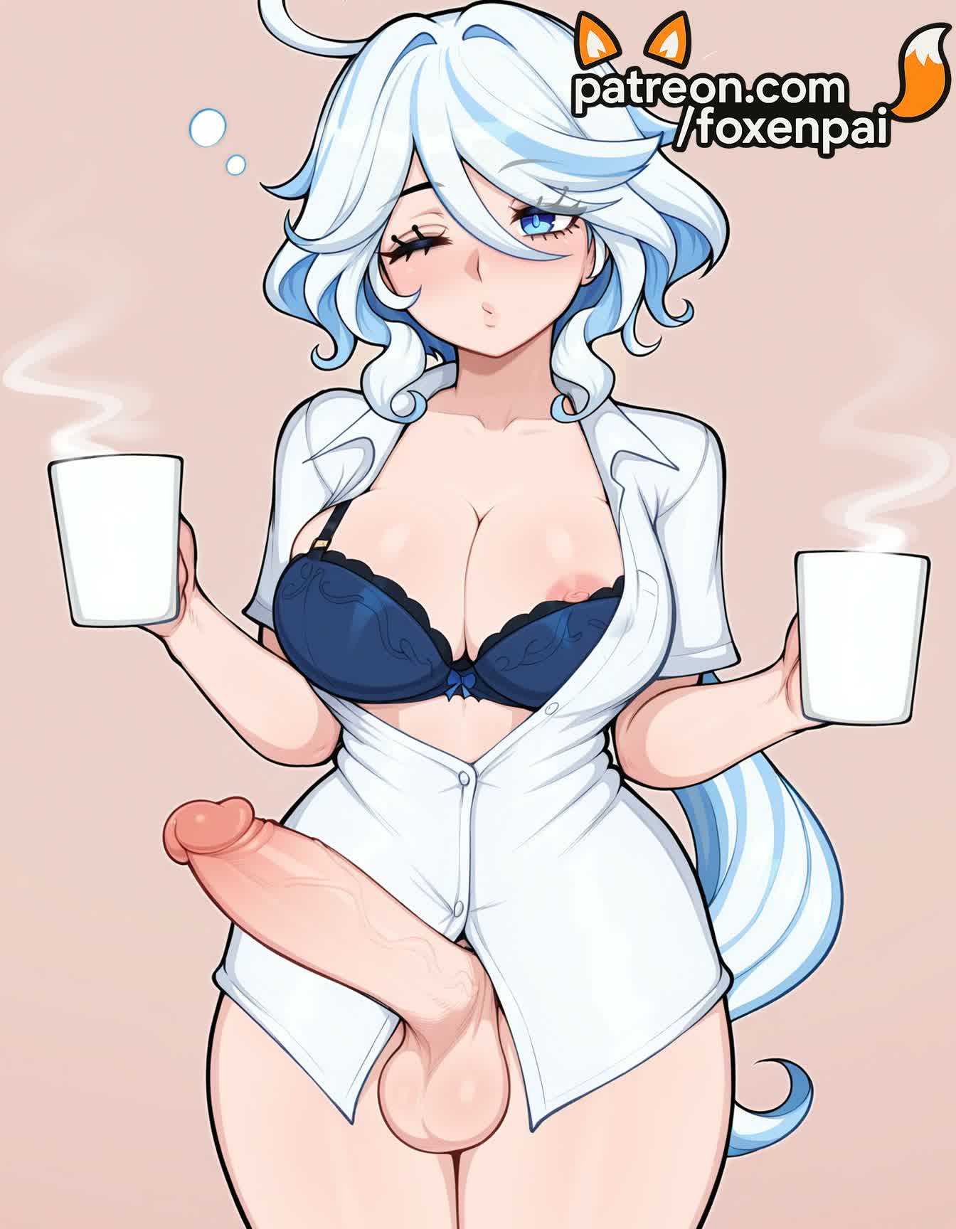 1futa, 2025, ai generated, alcohol, artist name, blue bra, blue eyes, blue panties, bra, breasts, bust, chest, cock, coffee, coffee mug, cup, dick, disposable cup, drinking glass, erection, exposed nipples, foreskin, foxenpai, furina (genshin impact), futanari, genshin impact, gradient, gradient background, hi res, high quality, high resolution, highres, holding, holding cup, huge cock, large penis, large testicles, mug, nipples, nipples outside, patreon, patreon username, penis, phimosis, print mug, saucer, shirt, solo, stable diffusion, steam, teacup, testicles, tray, uncensored, underwear, veiny penis, watermark, white hair