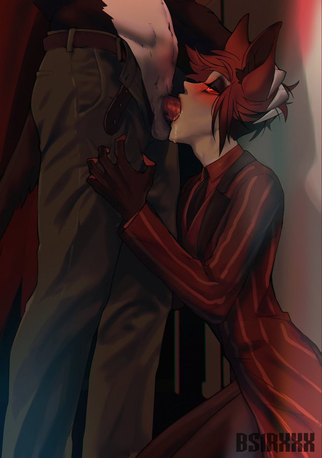 2boys, alastor (hazbin hotel), belt, blowjob, clawing, claws, deepthroat, deer ears, dominant male, eyeliner, feline, fellatio, fully clothed, fur, gay, gay blowjob, half-closed eyes, hand on head, hazbin hotel, hellaverse, husk (hazbin hotel), male, mood lighting, on knees, pale skin, pale-skinned male, pants pulled down, penis, red eyes, red hair, submissive male, sucking, sucking penis, suit, wings