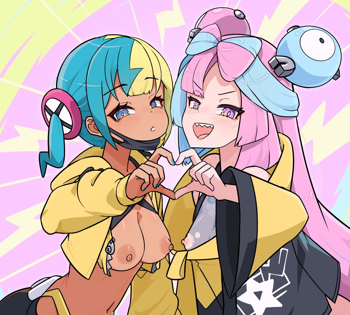 2girls, blue eyes, blue nails, breasts, breasts out, canari (pokemon), canary (pokemon), dark skin, dark-skinned female, female, female only, game freak, heart hands, heart hands duo, heart symbol, iono (pokemon), jacket, light blue hair, light skin, light-skinned female, long hair, mask around neck, moral cacoethes, multicolored hair, multiple females, multiple girls, nail polish, nintendo, nipples, pink eyes, pink hair, pink nails, pokemon, pokemon legends: z-a, pokemon sv, ripped clothing, sharp teeth, smile, teal hair, yellow hair