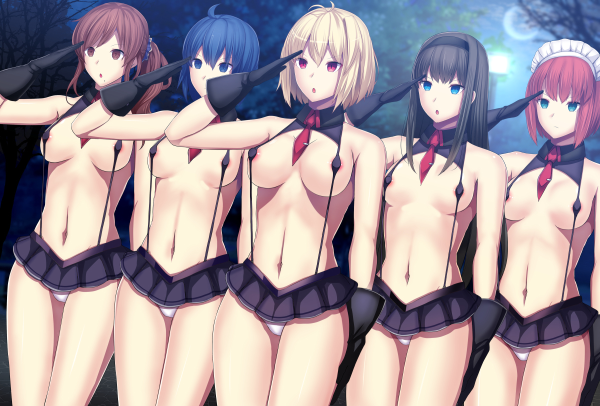 5girls, ahoge, arcueid brunestud, black hair, blonde hair, blue hair, breasts, brown hair, ciel (tsukihime), daiaru, female, female only, femsub, hisui (tsukihime), large breasts, long hair, maid headdress, melty blood, micro skirt, miniskirt, multiple females, multiple girls, nipples, noel (tsukihime), panties, panty peek, pantyshot, pantyshot (standing), pink hair, ponytail, pussy, revealing clothes, saluting, see-through, short hair, short skirt, skimpy clothes, skirt, standing at attention, tohno akiha, tsukihime, tsukihime (remake)