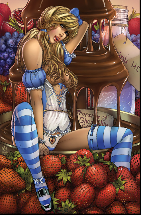 alice_(wonderland) alice_in_wonderland alice_in_wonderland_(zenescope) alice_liddell blonde_hair blue_ribbon bow chocolate corset disney drink_me hairbow long_hair ribbon striped_thighhighs thighhighs