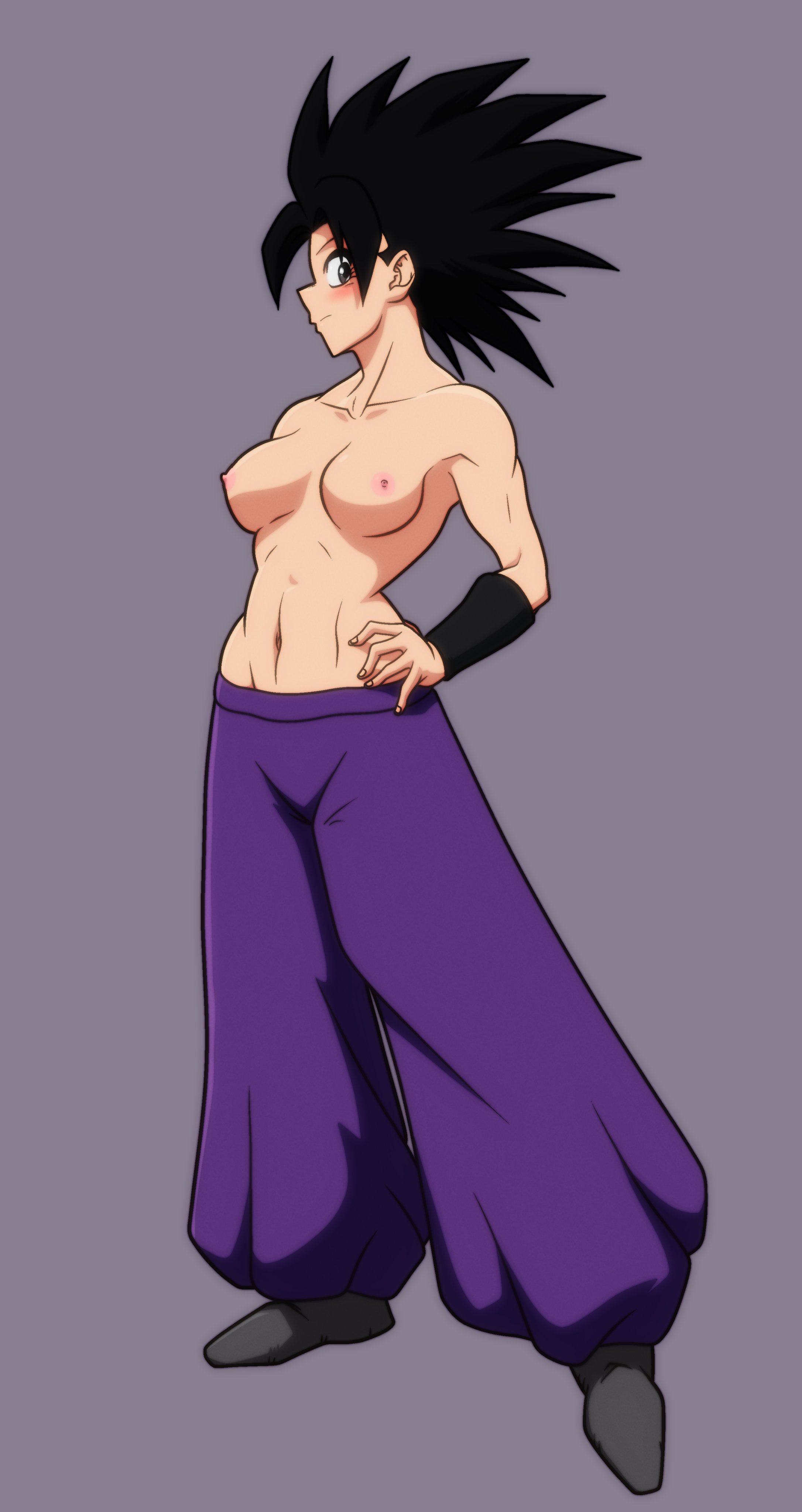 1girls, baggy pants, black eyes, black hair, blush, breasts, caulifla, dragon ball, dragon ball super, female, hand on hip, light skin, light-skinned female, long ears, long hair, looking at partner, looking at viewer, looking to the side, medium breasts, muscular, muscular female, no bra, no shoes, nude, saiyan, spiky hair, upper body, wide hips