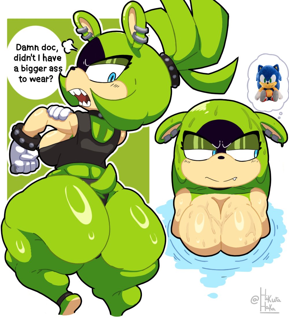 1girls, anthro, anthro female, big ass, big breasts, big butt, black shirt, blue eyes, bottom heavy, bottomless, bottomless anthro, bottomless female, breasts, breedable hips, bubble ass, bubble butt, dialogue, ear piercing, earrings, english text, fat ass, female, fur, gloves, green fur, hikurahaka, huge ass, huge breasts, huge butt, idw comics, idw publishing, karikhuri, large ass, large breasts, large butt, piercings, sega, shirt, solo, solo female, sonic (series), sonic the hedgehog (comics), sonic the hedgehog (idw), sonic the hedgehog (series), surge the tenrec, tail, tenrec, text, thick ass, thick thighs, thinking of someone else, thought bubble, white gloves