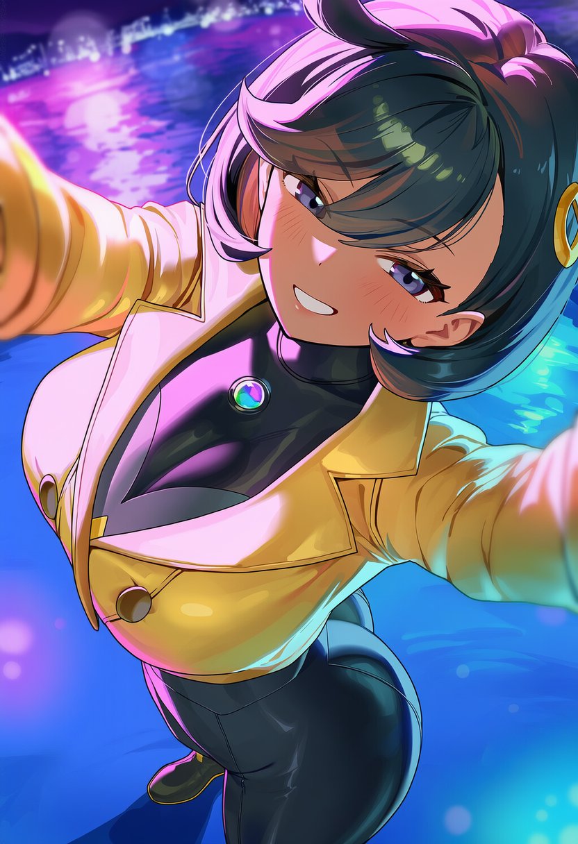 1girls, ai generated, ass, big ass, big breasts, black bodysuit, black hair, bodysuit, breasts, brown jacket, bubble ass, circle ueponzu, clothing, dark-skinned female, emma (pokemon legends: z-a), emma (pokemon), female, female only, game freak, hair, matiere (pokemon legends: z-a), matiere (pokemon), nintendo, pokemon, pokemon legends: z-a, smile, solo, solo female, tight clothing, tomboyish