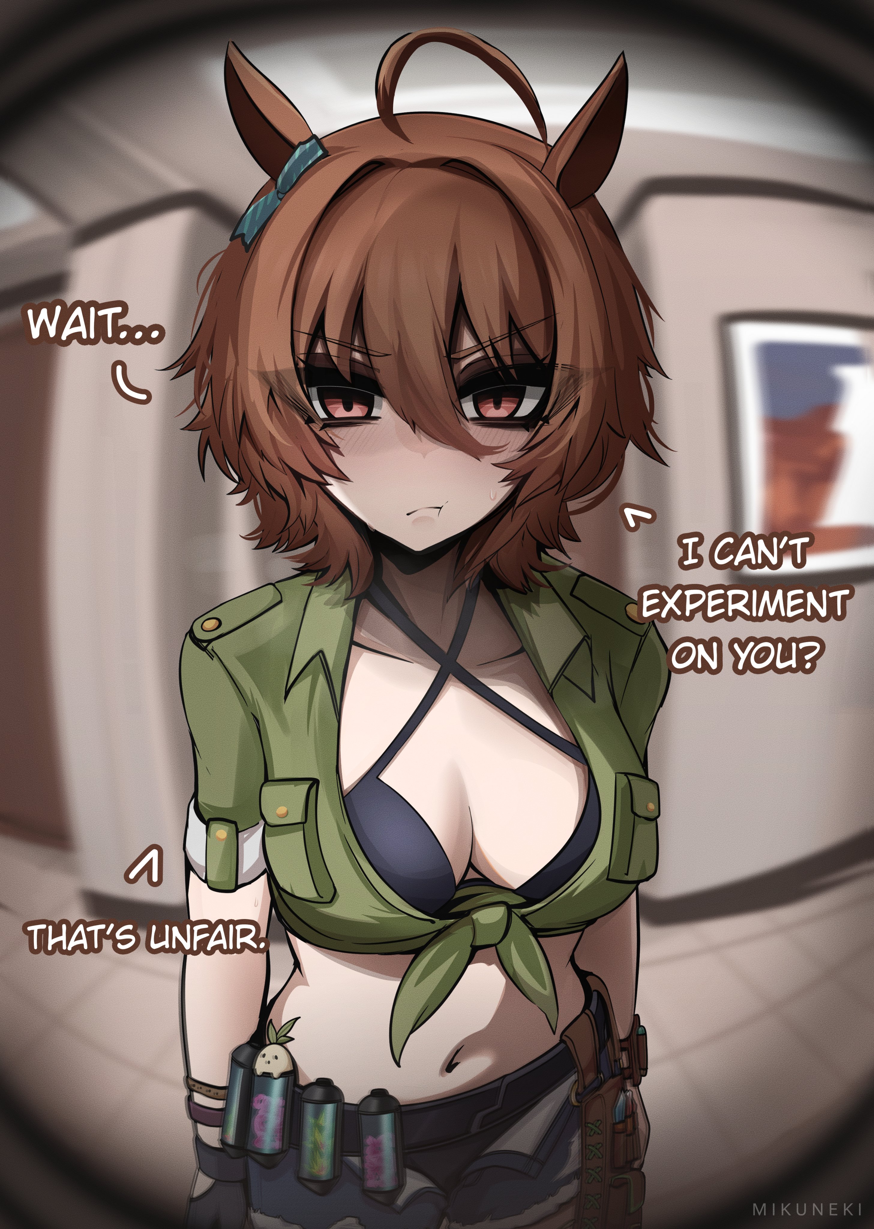 absurdres, agnes tachyon (lunatic lab) (umamusume), agnes tachyon (umamusume), animal ears, black gloves, blush, breasts, brown hair, closed mouth, female, gloves, green shirt, hair between eyes, highres, horse ears, horse girl, large breasts, looking at viewer, mikuneki, navel, pout, red eyes, shirt, short hair, short sleeves, single glove, solo, stomach, tied shirt, umamusume