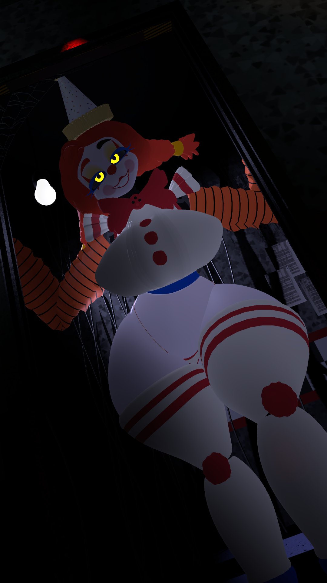 1girls, 3d, animatronic, big hips, breasts, clown, clown girl, female, female only, five nights at freddy's, five nights at freddy's: secret of the mimic, fnaf1 location, hourglass figure, hourglass figured female, jackie (fnaf), jackie (mishuuyu), legs, makeup, mishuyuu (modeler), panties, robot, robot girl, secret of the mimic, solo, the mimic (fnaf), thighs, thong, vrchat, yellow eyes