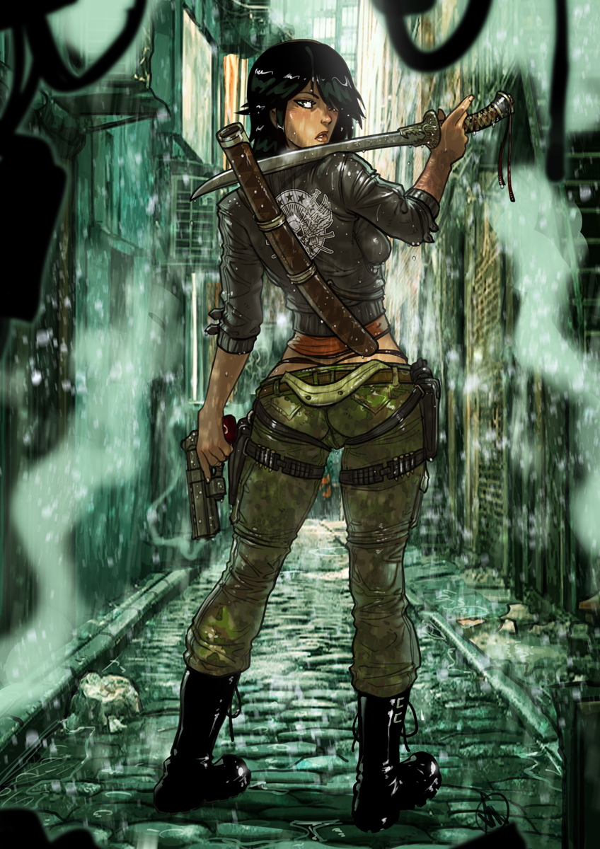 1girls, 2025, 2d, 2d (artwork), alley, alleyway, american, black hair, boots, bounty hunter, cargo pants, clothed, clothed female, female, female only, female protagonist, fully clothed, ganassa, green eyes, gun, hair over one eye, jacket, looking at viewer, looking back, mercenary, questionable, rain, revolver, rubi malone, sfw, sheath, solo, solo female, sword, tank top, tattoo, tattoo on arm, tattooed arm, tattoos, thong, urban, weapon, weapons, wet, wet (game)